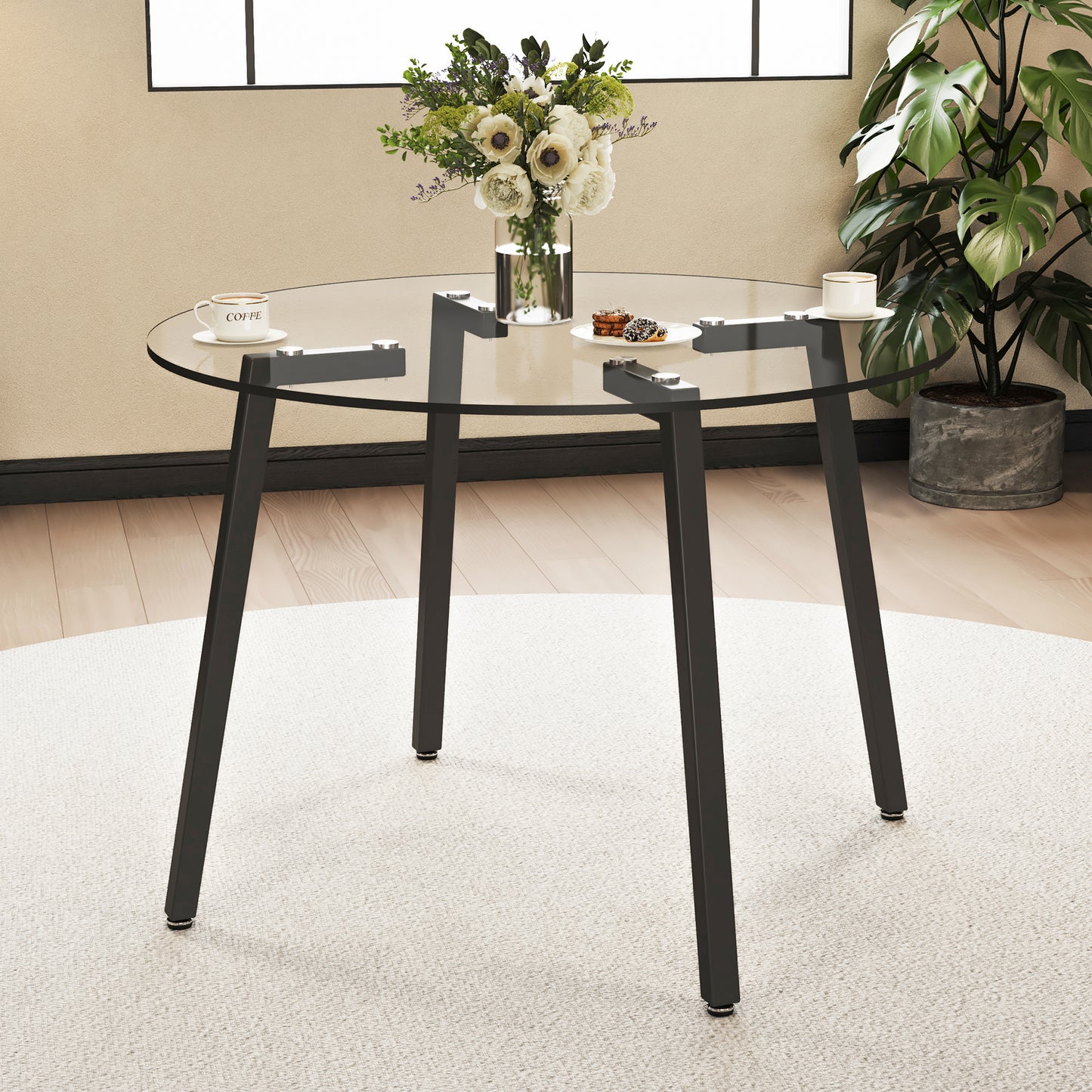 Modern simple style round transparent tempered glass table, tempered glass table top, black metal legs, suitable for kitchen, dining room and living room, 42 "*42" *29.5 "1123r image 2