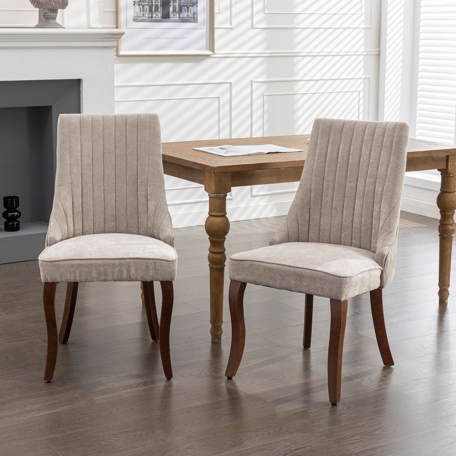 Rayon Cloth Flocking Linen Dining Chairs Channel Kitchen Dinner Chair Comfy Fabric Upholstered Accent Chair for Dining Room with Curved Solid Wood Legs,Set of 2 (Beige), SW1847BG image 1