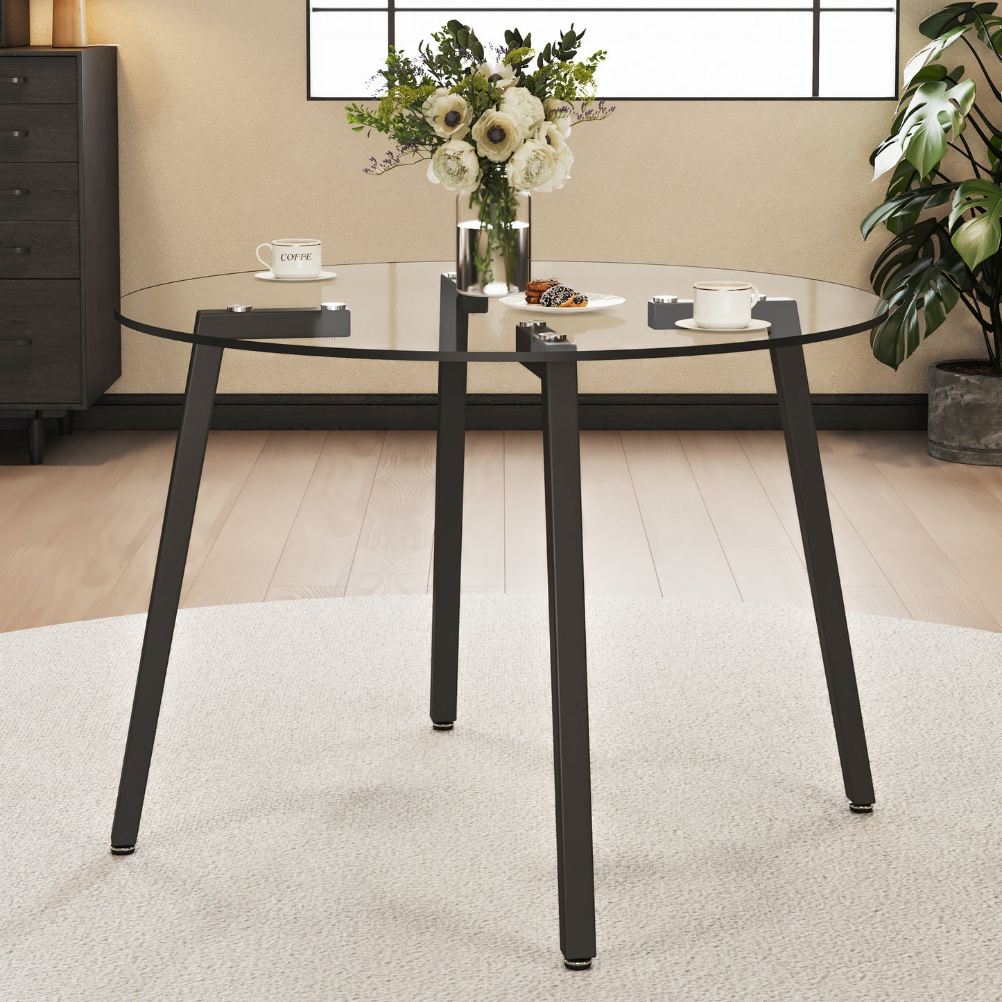 Modern simple style round transparent tempered glass table, tempered glass table top, black metal legs, suitable for kitchen, dining room and living room, 42 "*42" *29.5 "1123r image 3