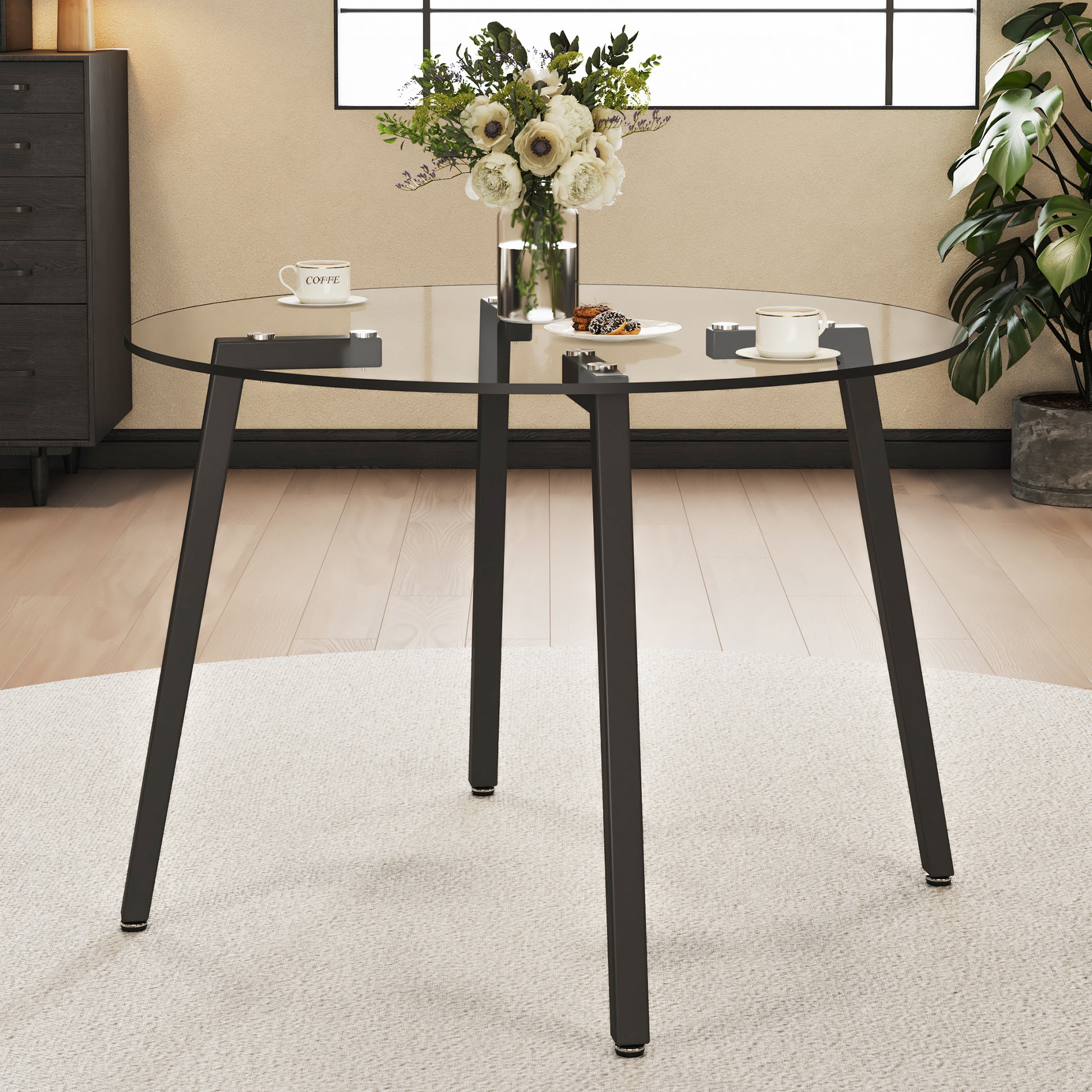 Modern simple style round transparent tempered glass table, tempered glass table top, black metal legs, suitable for kitchen, dining room and living room, 42 "*42" *29.5 "1123r image 3