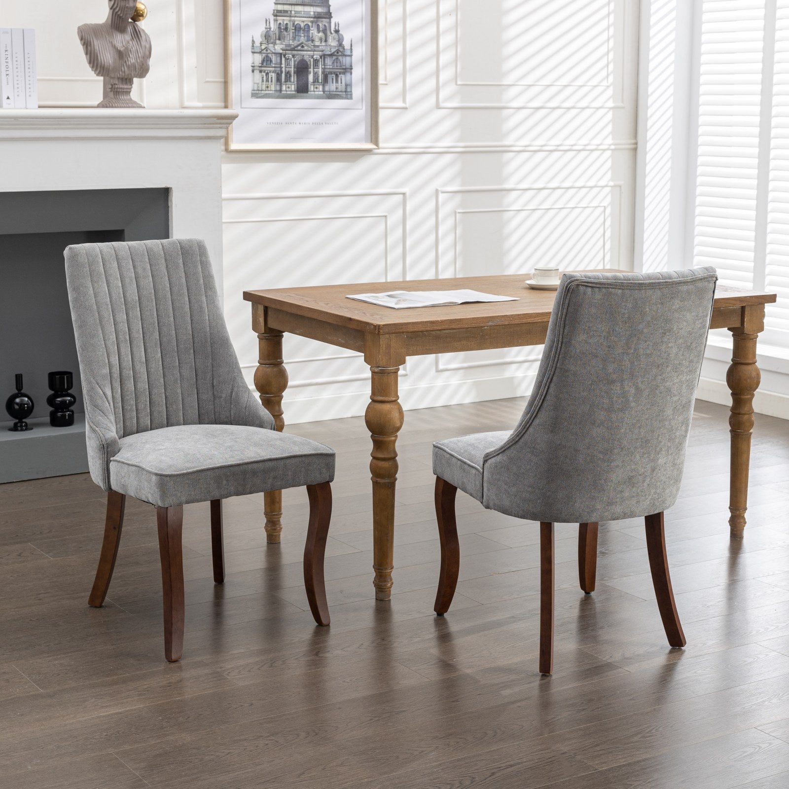 Rayon Cloth Flocking Linen Dining Chairs Channel Kitchen Dinner Chair Comfy Fabric Upholstered Accent Chair for Dining Room with Curved Solid Wood Legs,Set of 2 (Gray), SW1847GY image 12