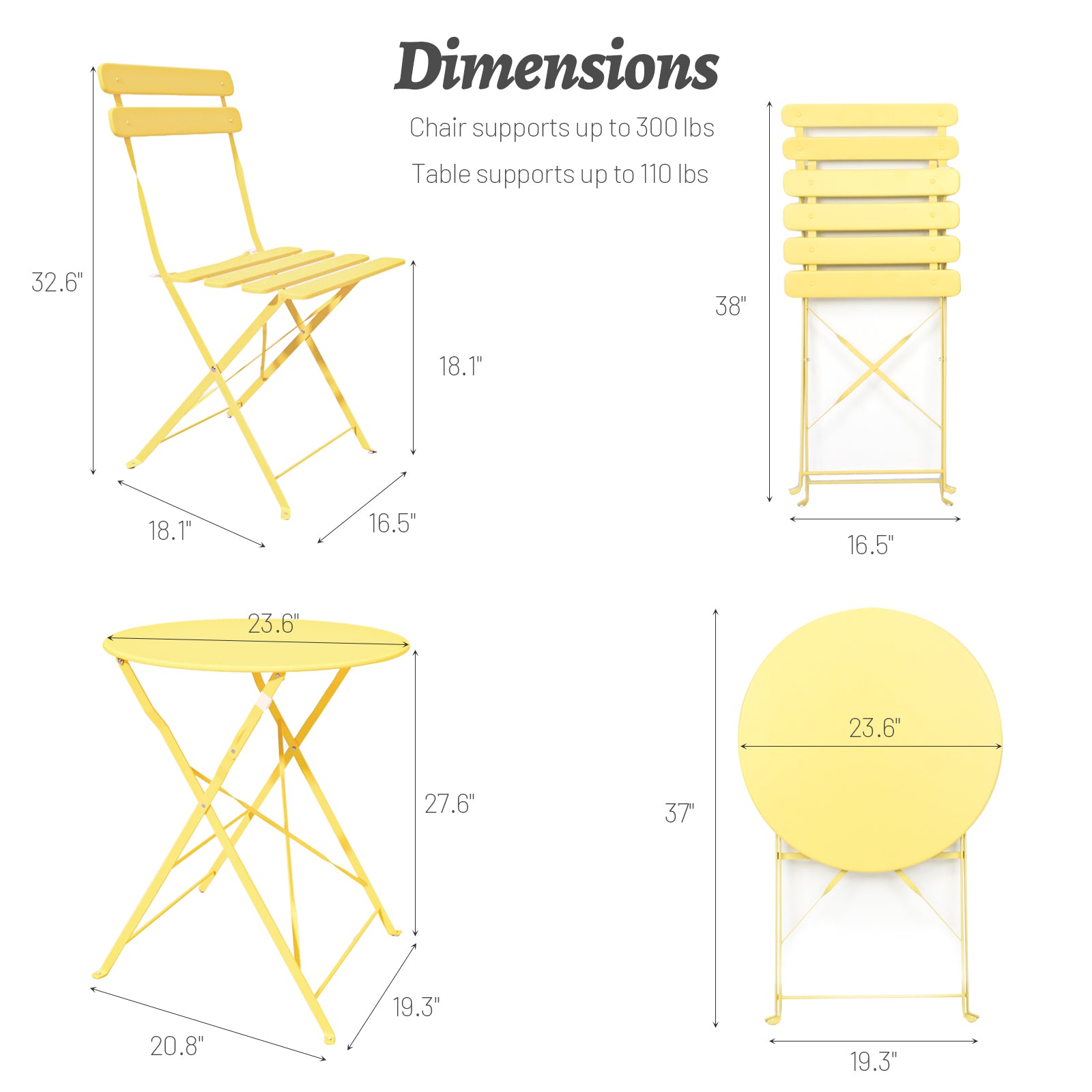 3 Pieces Patio Bistro Balcony Metail Chair Table Set-Yellow image 8