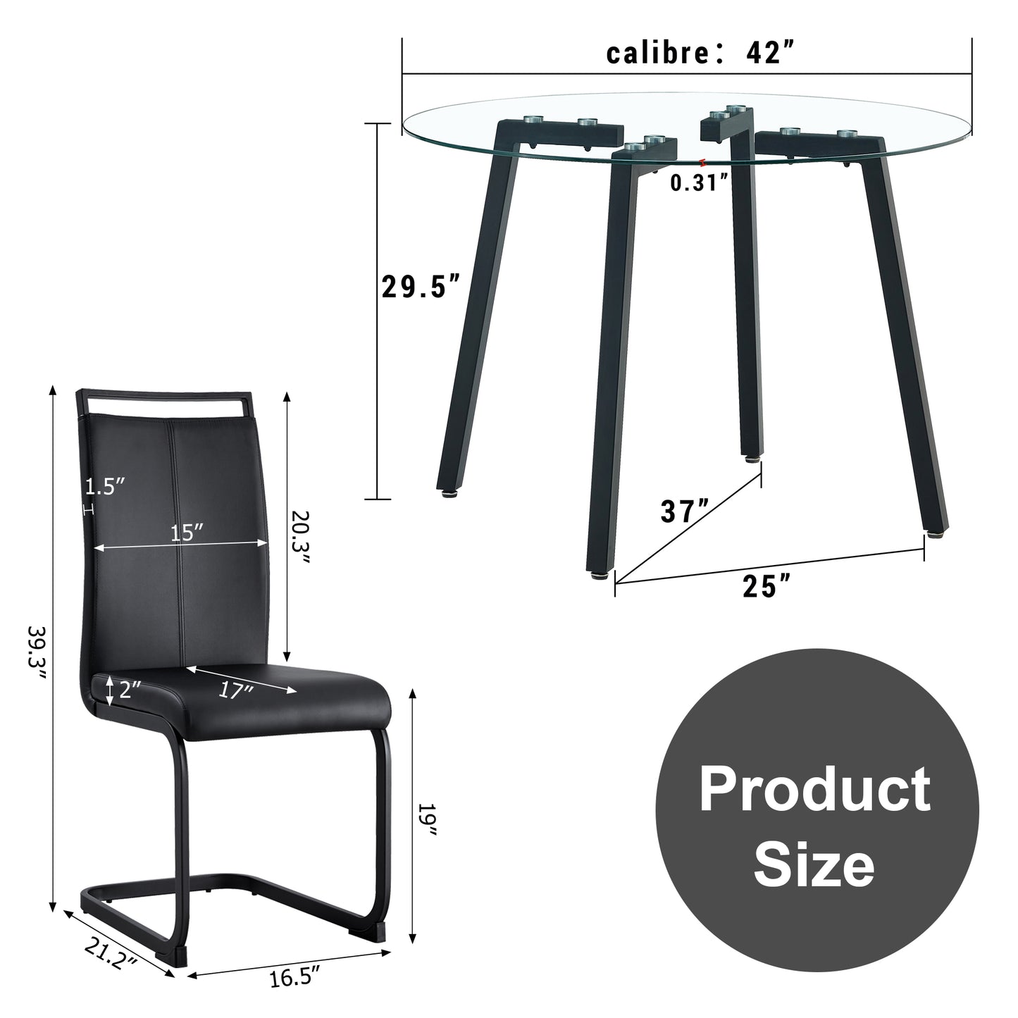 Modern simple style round transparent tempered glass table, black metal legs, 4 modern PU leather high backrest cushioned side chairs, C-tube chrome legs DRT-1123R C-1162 image 4