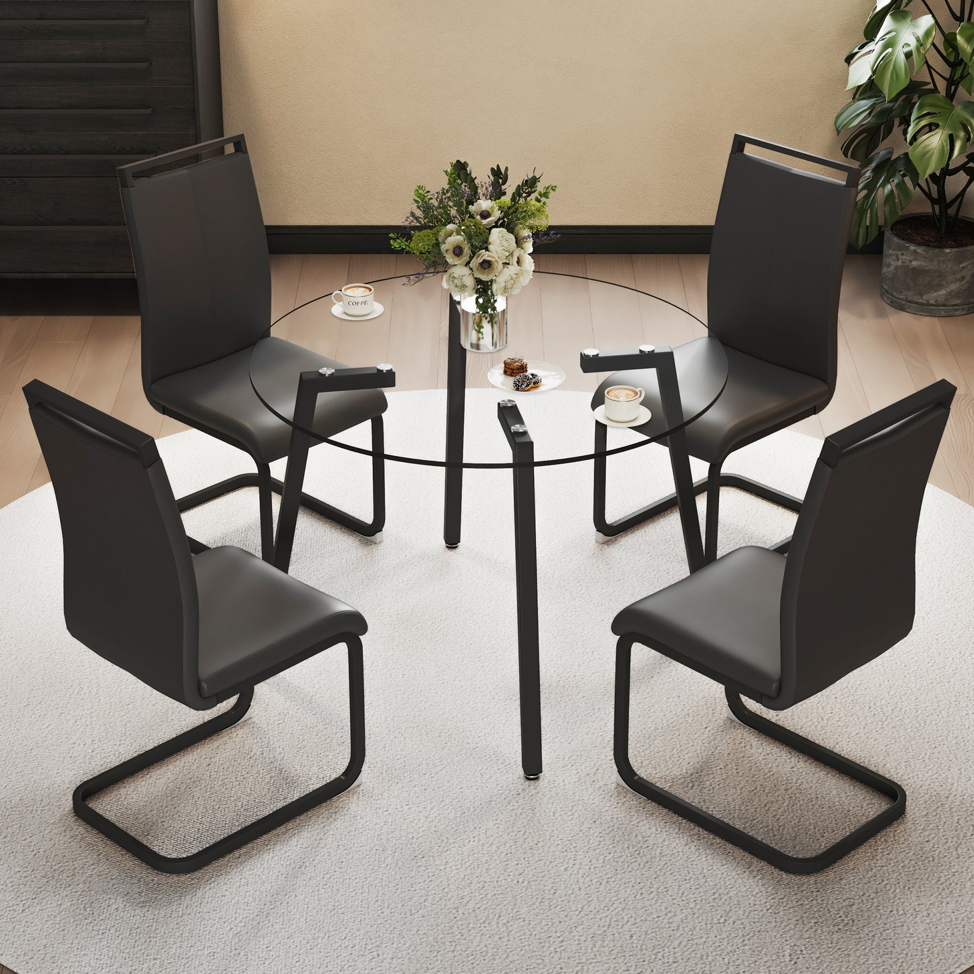 Modern simple style round transparent tempered glass table, black metal legs, 4 modern PU leather high backrest cushioned side chairs, C-tube chrome legs DRT-1123R C-1162 image 1