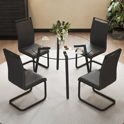 Modern simple style round transparent tempered glass table, black metal legs, 4 modern PU leather high backrest cushioned side chairs, C-tube chrome legs DRT-1123R C-1162 image 1