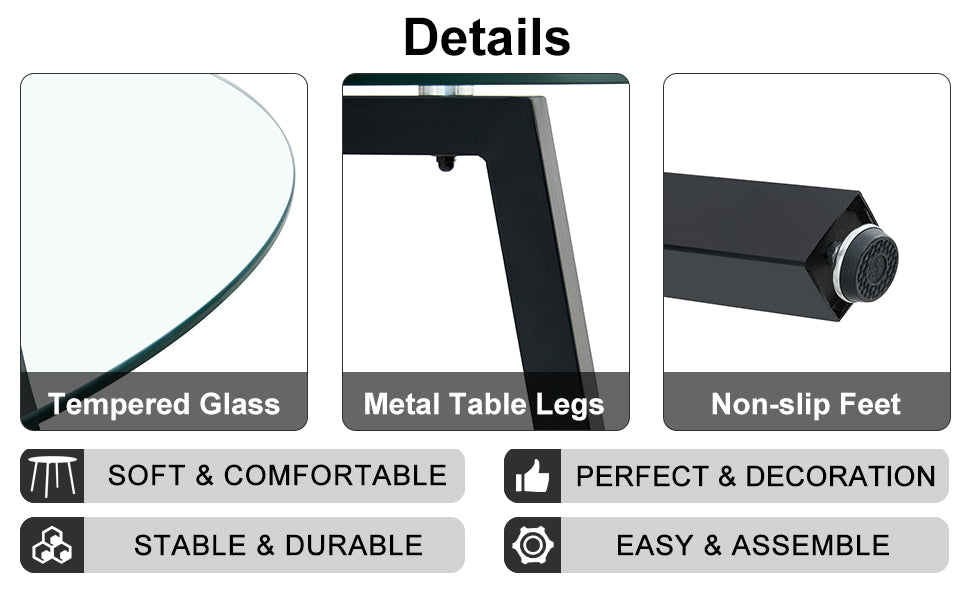 Modern simple style round transparent tempered glass table, black metal legs, 4 modern PU leather high backrest cushioned side chairs, C-tube chrome legs DRT-1123R C-1162 image 6