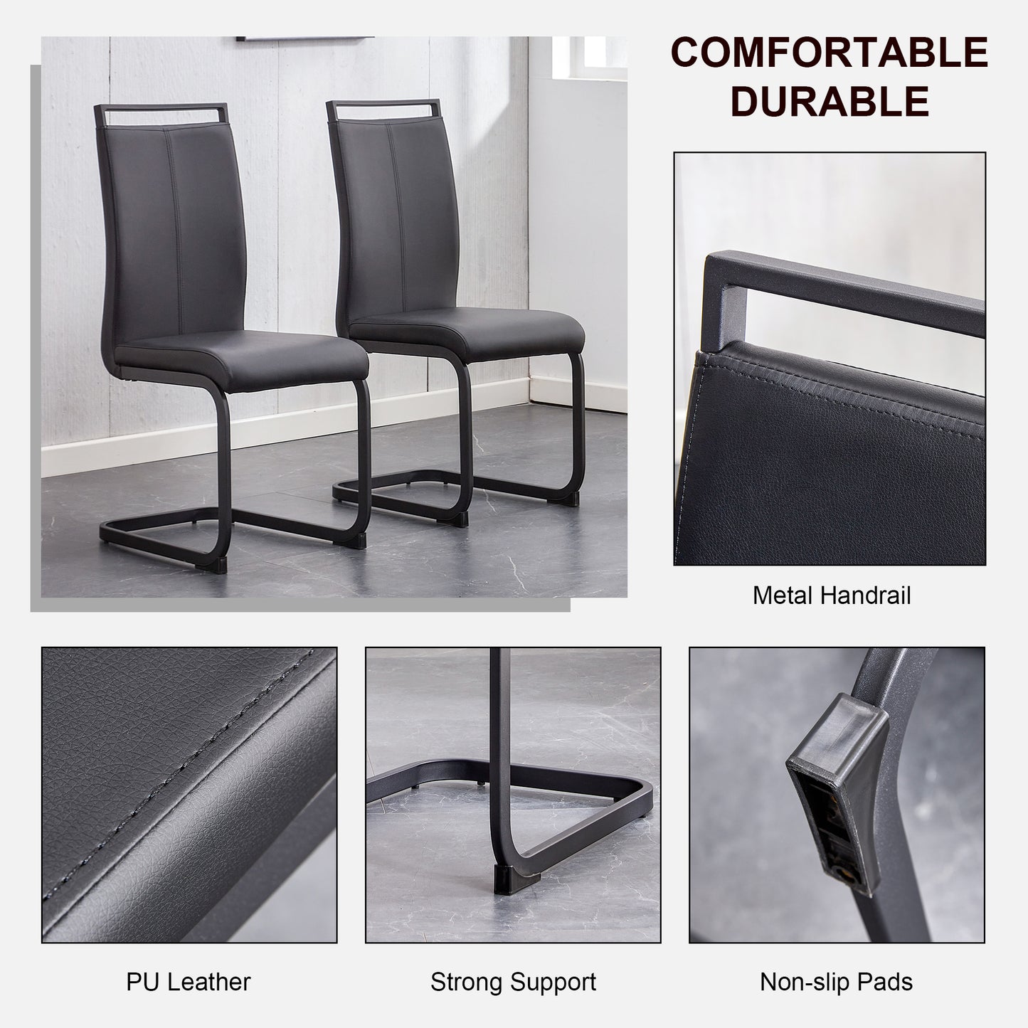 Modern simple style round transparent tempered glass table, black metal legs, 4 modern PU leather high backrest cushioned side chairs, C-tube chrome legs DRT-1123R C-1162 image 11