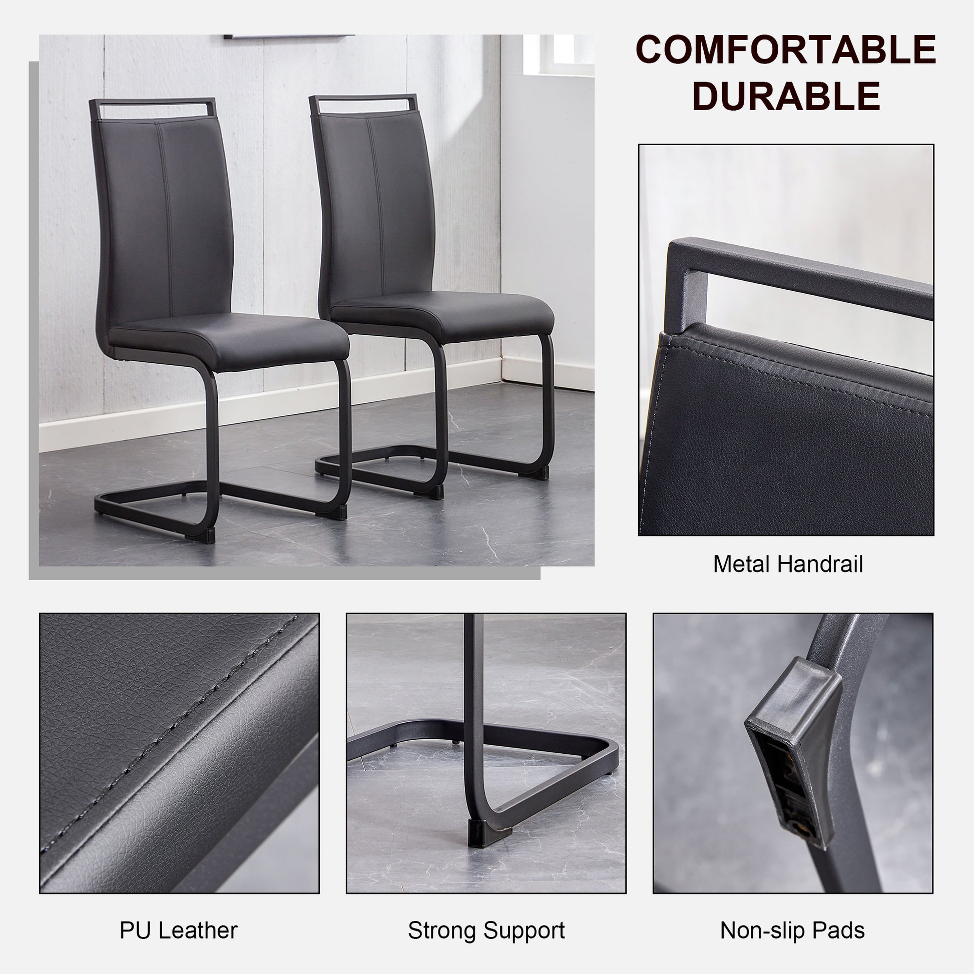Modern simple style round transparent tempered glass table, black metal legs, 4 modern PU leather high backrest cushioned side chairs, C-tube chrome legs DRT-1123R C-1162 image 11