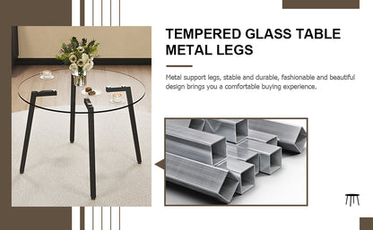 Modern simple style round transparent tempered glass table, black metal legs, 4 modern PU leather high backrest cushioned side chairs, C-tube chrome legs DRT-1123R C-1162 image 9