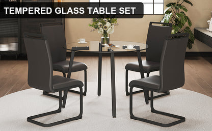 Modern simple style round transparent tempered glass table, black metal legs, 4 modern PU leather high backrest cushioned side chairs, C-tube chrome legs DRT-1123R C-1162 image 10
