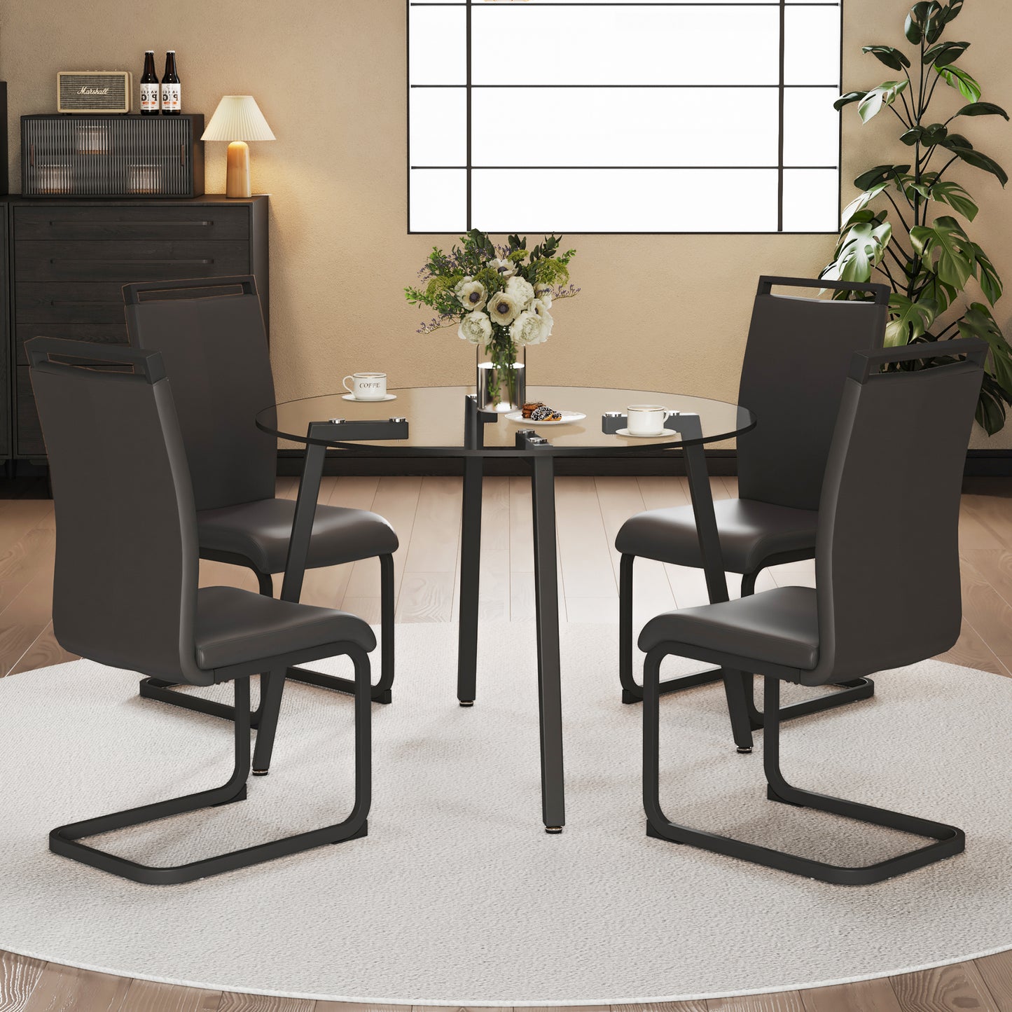 Modern simple style round transparent tempered glass table, black metal legs, 4 modern PU leather high backrest cushioned side chairs, C-tube chrome legs DRT-1123R C-1162 image 3