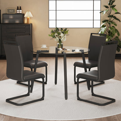 Modern simple style round transparent tempered glass table, black metal legs, 4 modern PU leather high backrest cushioned side chairs, C-tube chrome legs DRT-1123R C-1162 image 3