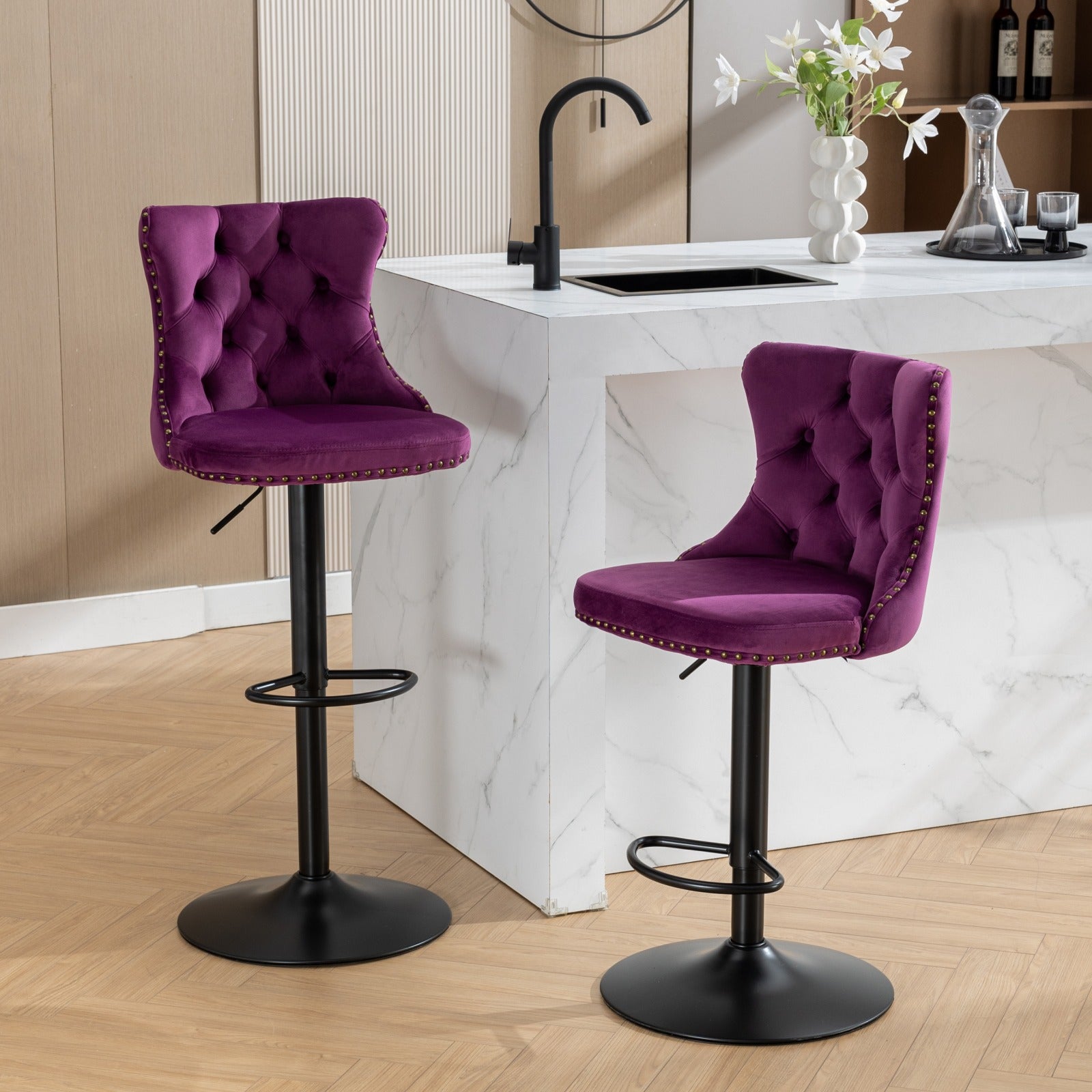 Swivel Velvet Barstools Adjusatble Seat Height from 25-33 Inch,17.7inch base, Modern Upholstered Bar Stools with Backs Comfortable Tufted for Home Pub and Kitchen Island,Purple,Set of 2,SW1812PP image 1