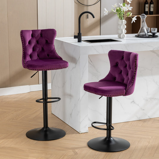 Swivel Velvet Barstools Adjusatble Seat Height from 25-33 Inch,17.7inch base, Modern Upholstered Bar Stools with Backs Comfortable Tufted for Home Pub and Kitchen Island,Purple,Set of 2,SW1812PP image 1