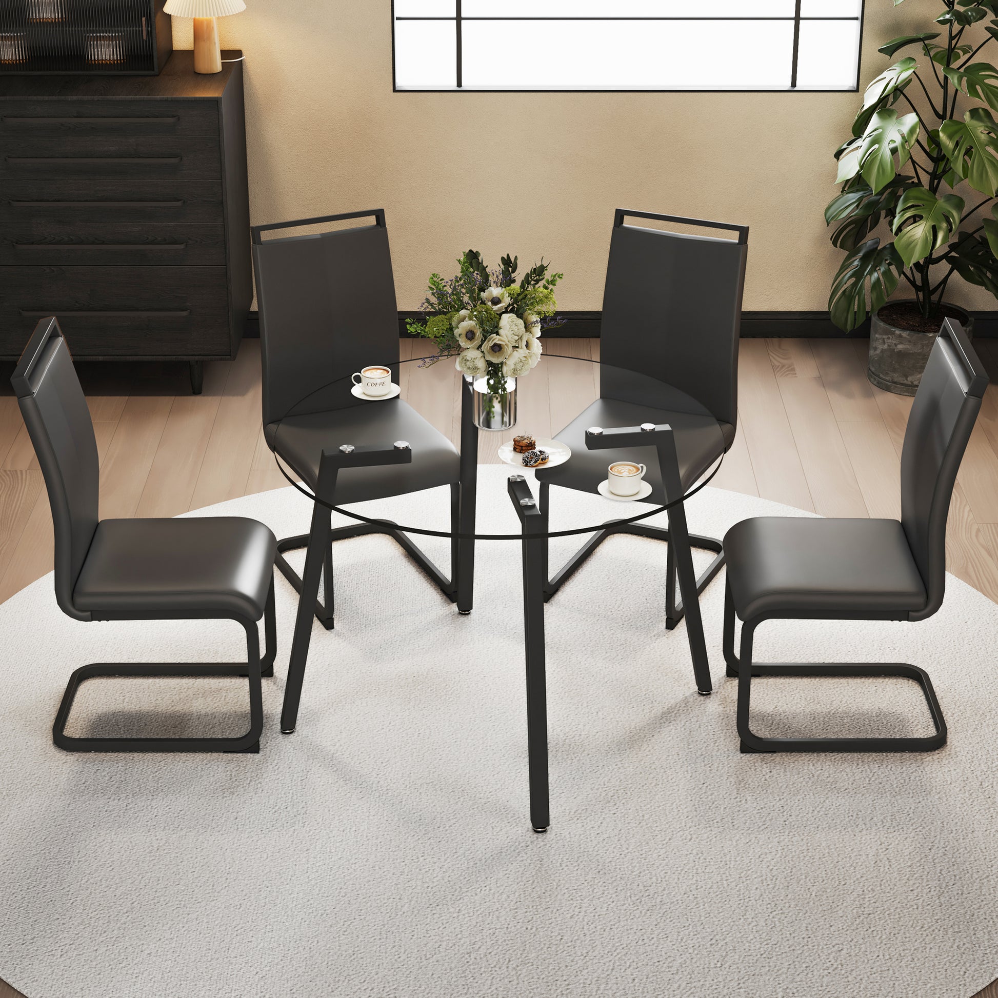 Modern simple style round transparent tempered glass table, black metal legs, 4 modern PU leather high backrest cushioned side chairs, C-tube chrome legs DRT-1123R C-1162 image 2