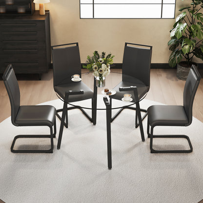 Modern simple style round transparent tempered glass table, black metal legs, 4 modern PU leather high backrest cushioned side chairs, C-tube chrome legs DRT-1123R C-1162 image 2