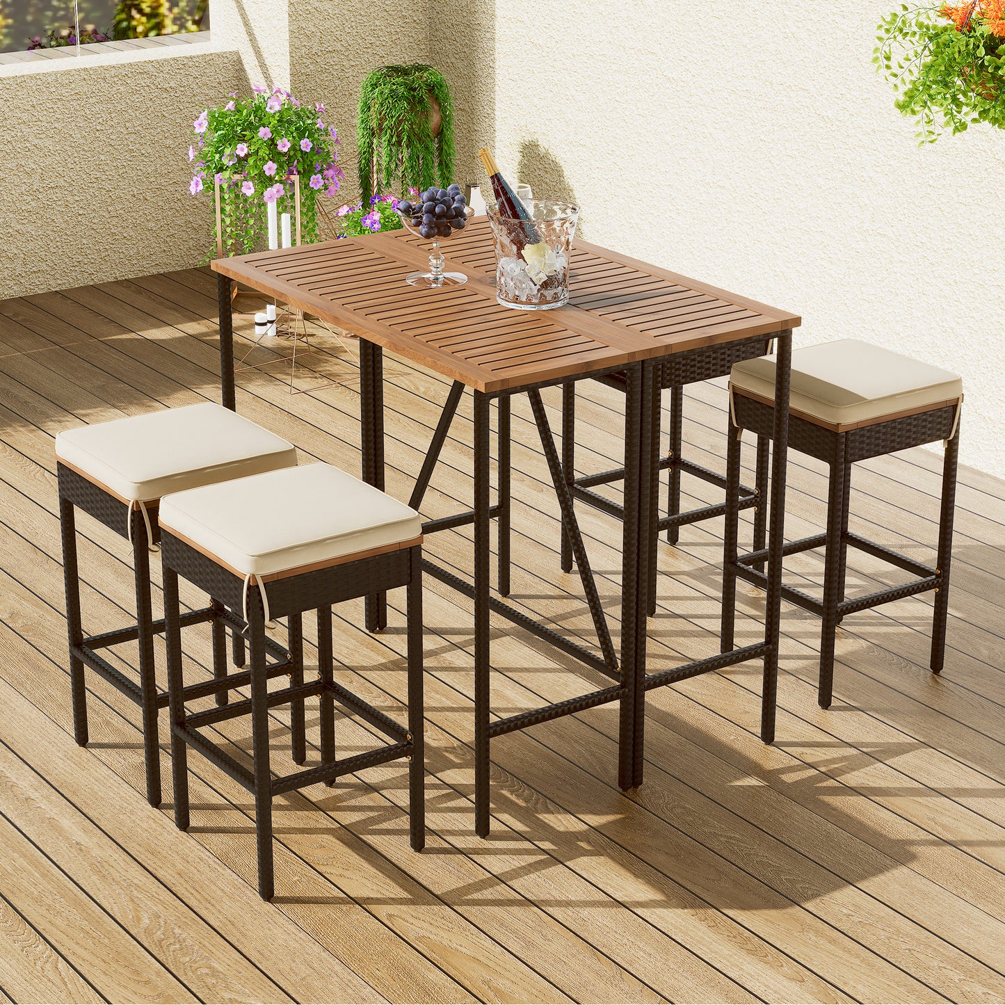 GO 5-Piece Outdoor Acacia Wood Bar Height Table And Four Stools With Cushions, Garden PE Rattan Wicker Dining Table, Foldable Tabletop, High-Dining Bistro Set, All-Weather Patio Furniture, Brown image 2