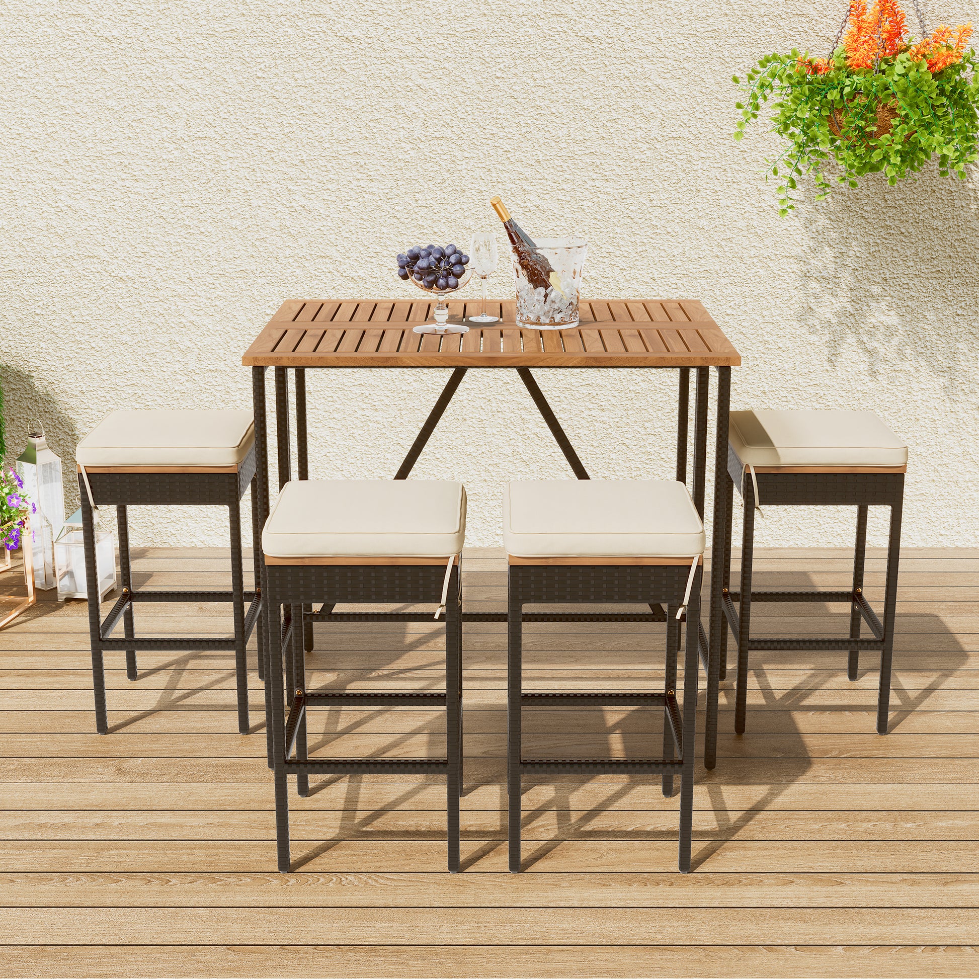 GO 5-Piece Outdoor Acacia Wood Bar Height Table And Four Stools With Cushions, Garden PE Rattan Wicker Dining Table, Foldable Tabletop, High-Dining Bistro Set, All-Weather Patio Furniture, Brown image 3
