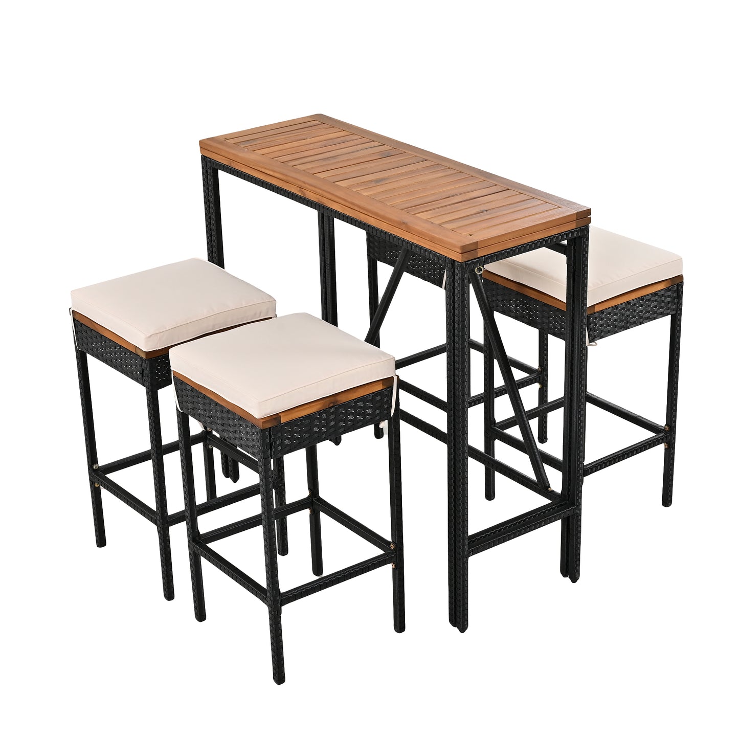 GO 5-Piece Outdoor Acacia Wood Bar Height Table And Four Stools With Cushions, Garden PE Rattan Wicker Dining Table, Foldable Tabletop, High-Dining Bistro Set, All-Weather Patio Furniture, Brown image 10