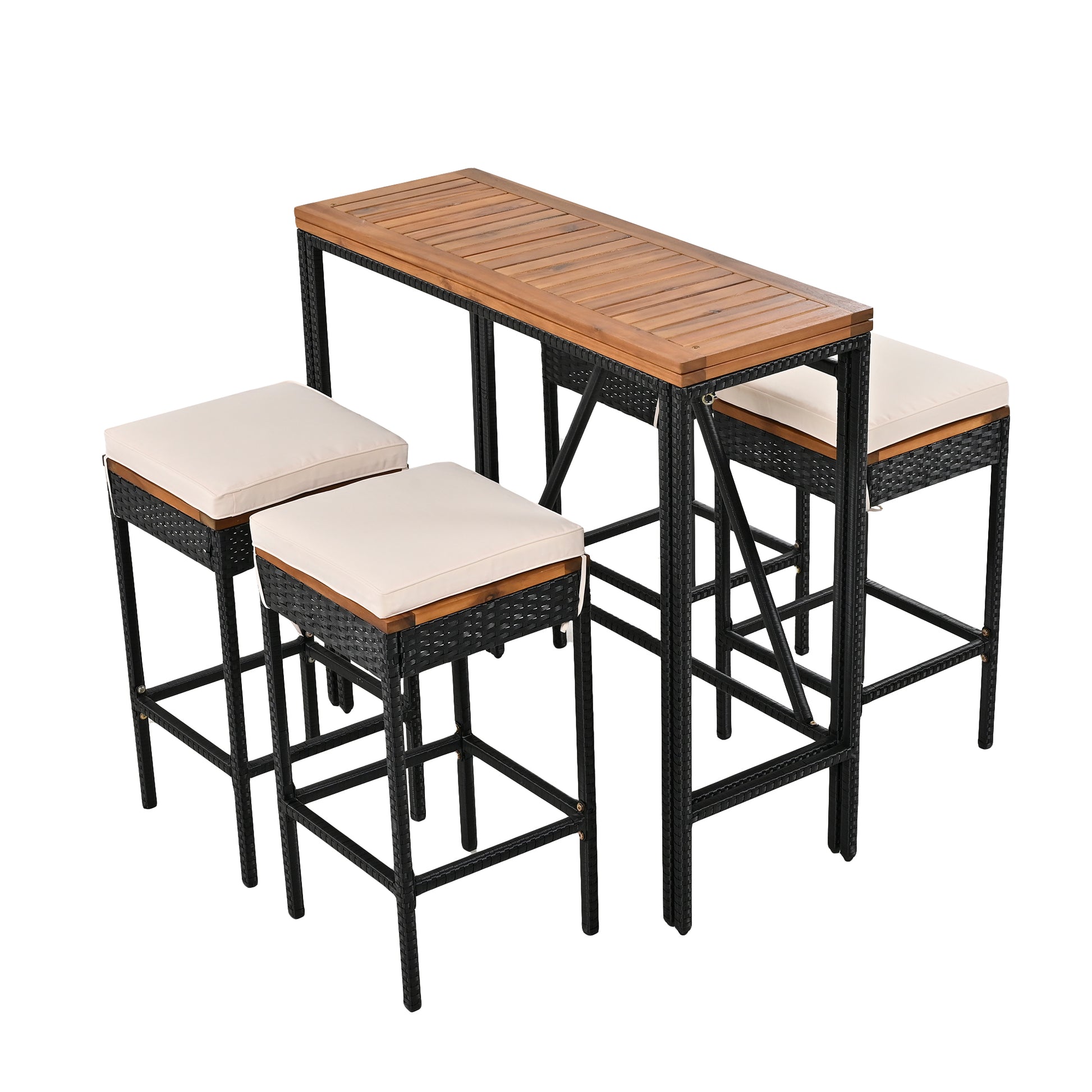 GO 5-Piece Outdoor Acacia Wood Bar Height Table And Four Stools With Cushions, Garden PE Rattan Wicker Dining Table, Foldable Tabletop, High-Dining Bistro Set, All-Weather Patio Furniture, Brown image 10