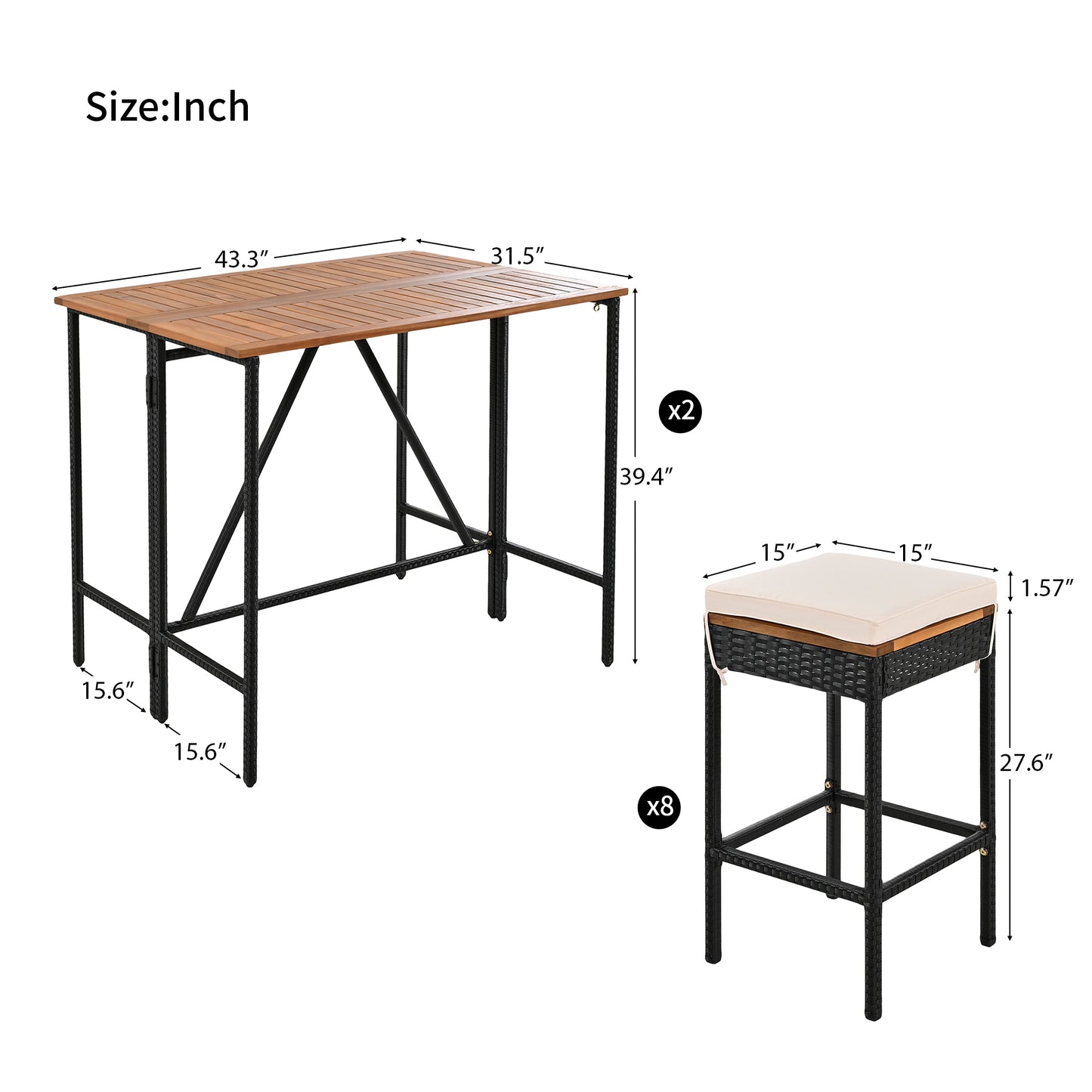 GO 10-Piece Outdoor Acacia Wood Bar Height Table And Eight Stools With Cushions, Garden PE Rattan Wicker Dining Table, Foldable Tabletop, High-Dining Bistro Set, All-Weather Patio Furniture, Brown image 7