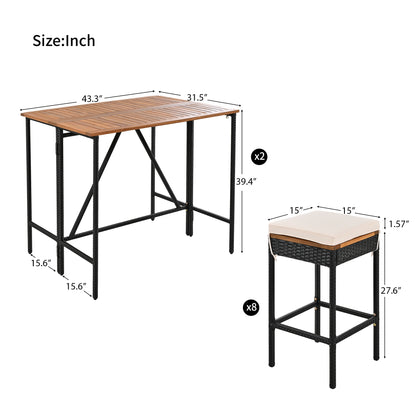 GO 10-Piece Outdoor Acacia Wood Bar Height Table And Eight Stools With Cushions, Garden PE Rattan Wicker Dining Table, Foldable Tabletop, High-Dining Bistro Set, All-Weather Patio Furniture, Brown image 7