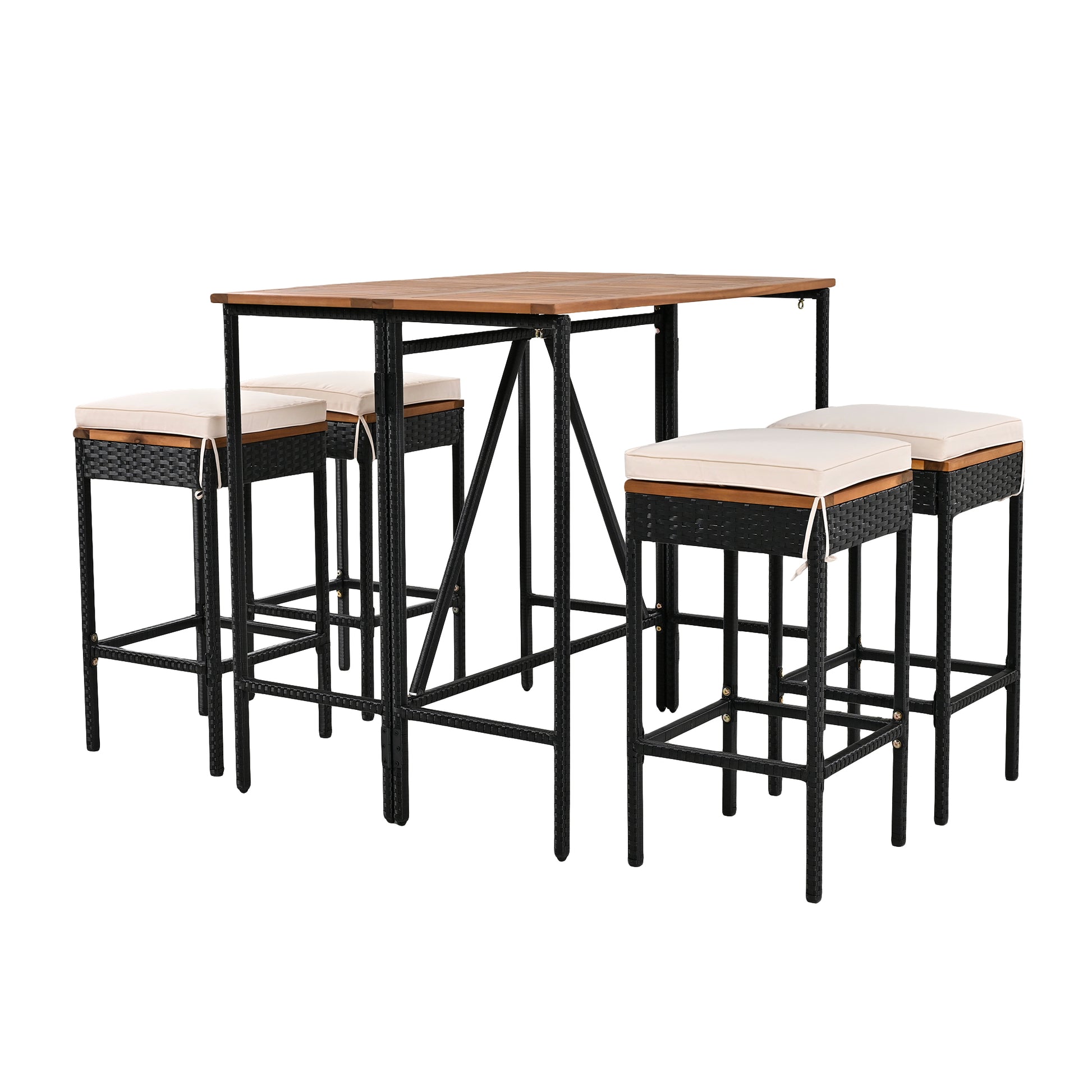 GO 5-Piece Outdoor Acacia Wood Bar Height Table And Four Stools With Cushions, Garden PE Rattan Wicker Dining Table, Foldable Tabletop, High-Dining Bistro Set, All-Weather Patio Furniture, Brown image 11