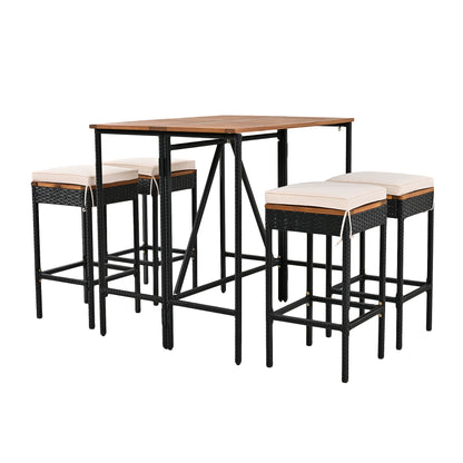 GO 5-Piece Outdoor Acacia Wood Bar Height Table And Four Stools With Cushions, Garden PE Rattan Wicker Dining Table, Foldable Tabletop, High-Dining Bistro Set, All-Weather Patio Furniture, Brown image 11