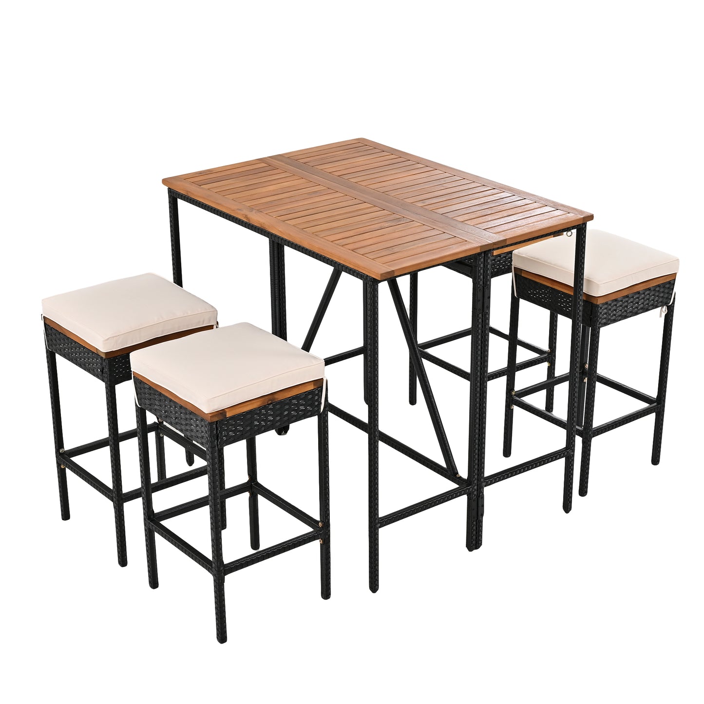 GO 5-Piece Outdoor Acacia Wood Bar Height Table And Four Stools With Cushions, Garden PE Rattan Wicker Dining Table, Foldable Tabletop, High-Dining Bistro Set, All-Weather Patio Furniture, Brown image 9