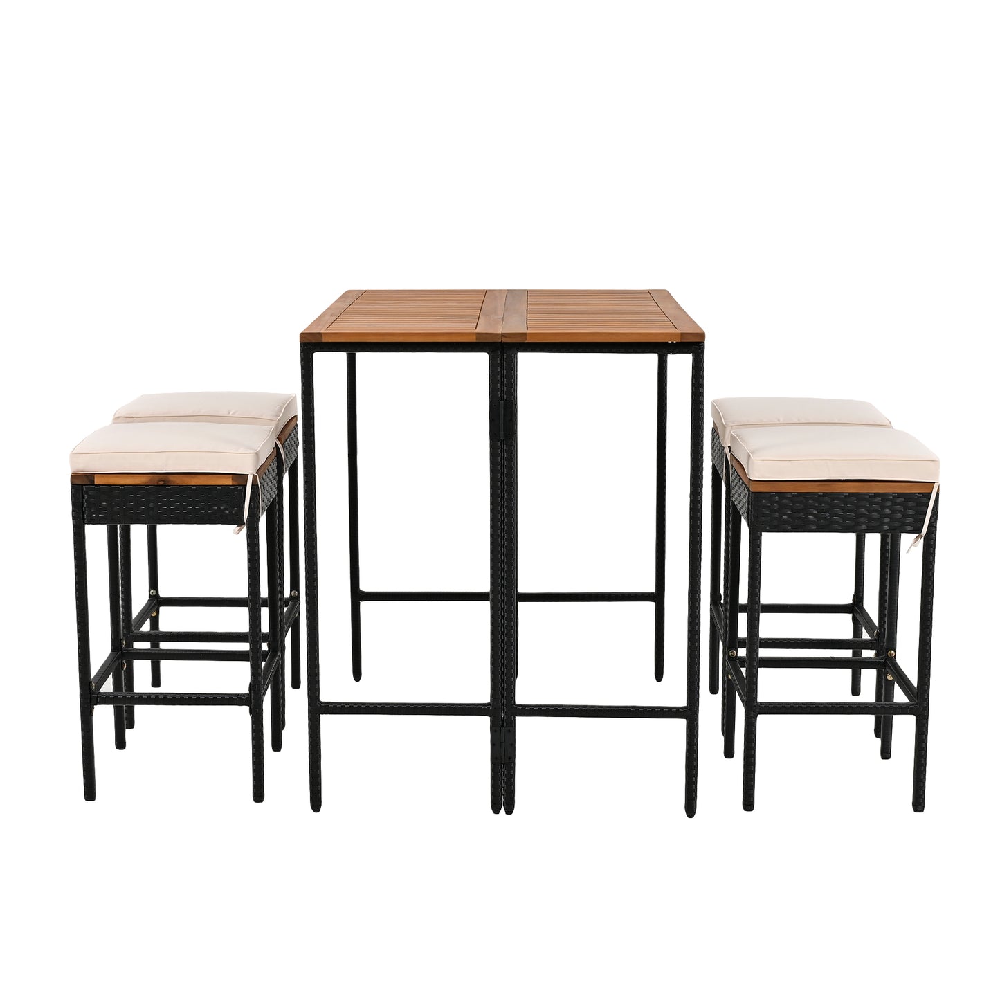 GO 5-Piece Outdoor Acacia Wood Bar Height Table And Four Stools With Cushions, Garden PE Rattan Wicker Dining Table, Foldable Tabletop, High-Dining Bistro Set, All-Weather Patio Furniture, Brown image 12