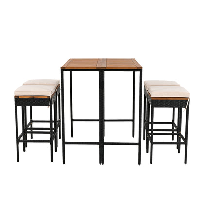 GO 5-Piece Outdoor Acacia Wood Bar Height Table And Four Stools With Cushions, Garden PE Rattan Wicker Dining Table, Foldable Tabletop, High-Dining Bistro Set, All-Weather Patio Furniture, Brown image 12