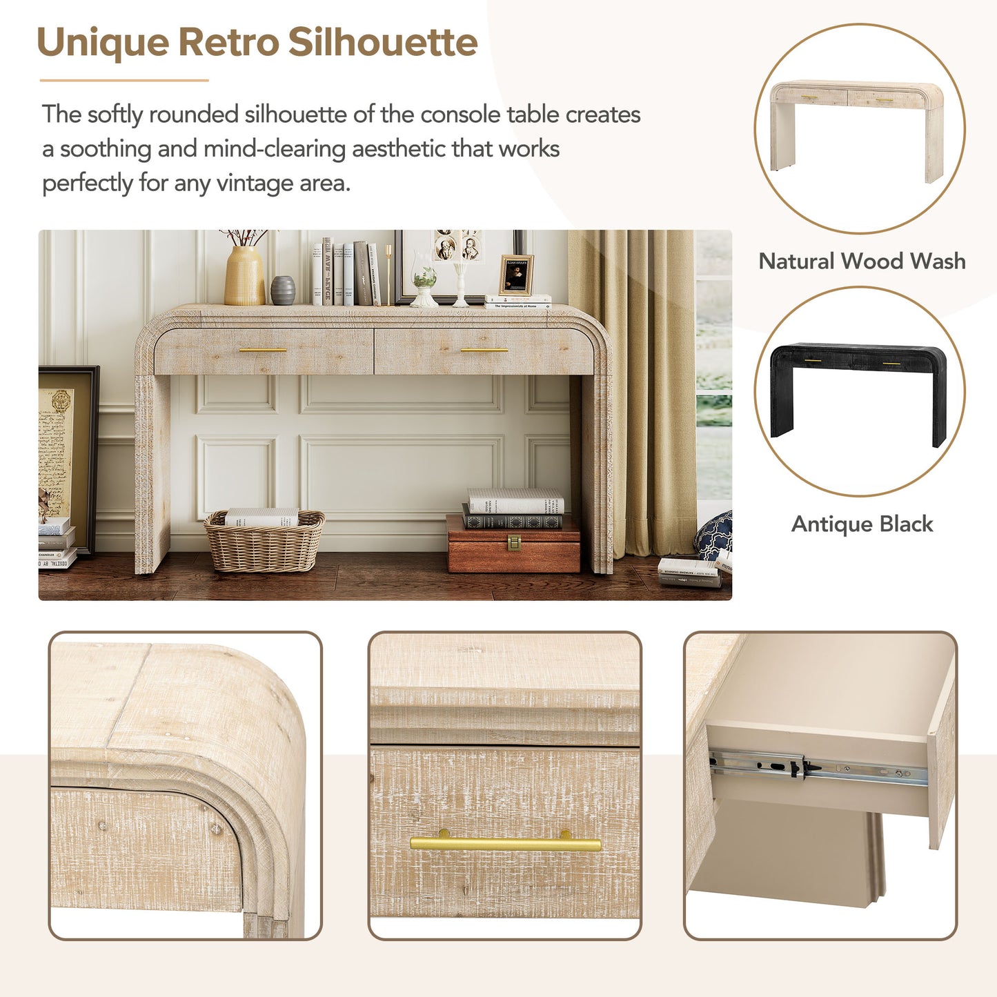 TREXM Unique Retro Silhouette Console Table with Open Style, Two Top Drawers for Entrance, Dinning Room, Living Room (Natural Wood Wash) image 9