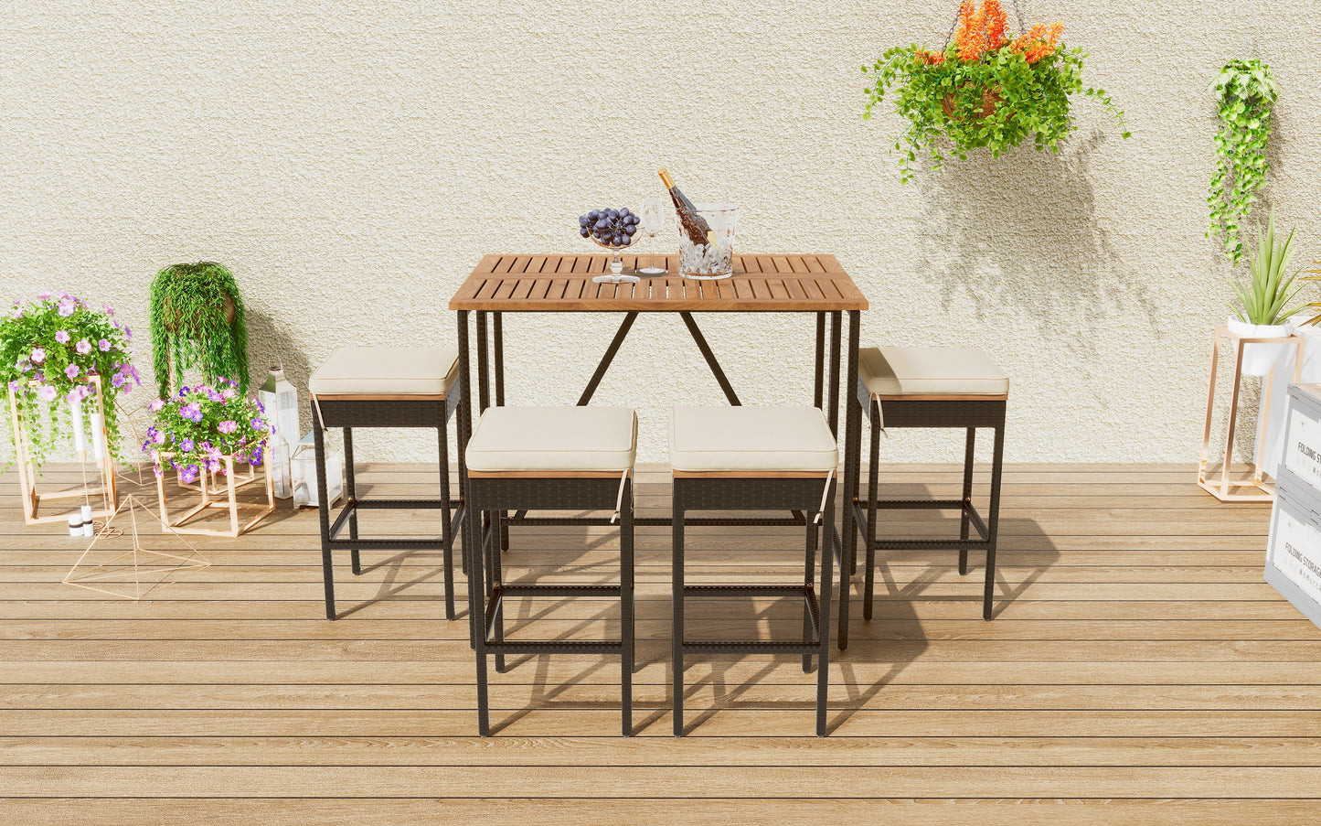 GO 5-Piece Outdoor Acacia Wood Bar Height Table And Four Stools With Cushions, Garden PE Rattan Wicker Dining Table, Foldable Tabletop, High-Dining Bistro Set, All-Weather Patio Furniture, Brown image 5