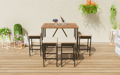 GO 5-Piece Outdoor Acacia Wood Bar Height Table And Four Stools With Cushions, Garden PE Rattan Wicker Dining Table, Foldable Tabletop, High-Dining Bistro Set, All-Weather Patio Furniture, Brown image 5