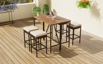 GO 5-Piece Outdoor Acacia Wood Bar Height Table And Four Stools With Cushions, Garden PE Rattan Wicker Dining Table, Foldable Tabletop, High-Dining Bistro Set, All-Weather Patio Furniture, Brown image 4