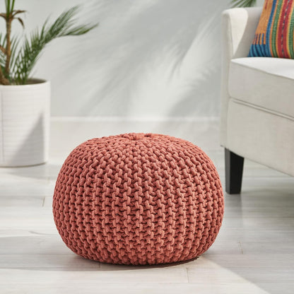 Poona Handcrafted Modern Cotton Pouf, Coral image 1