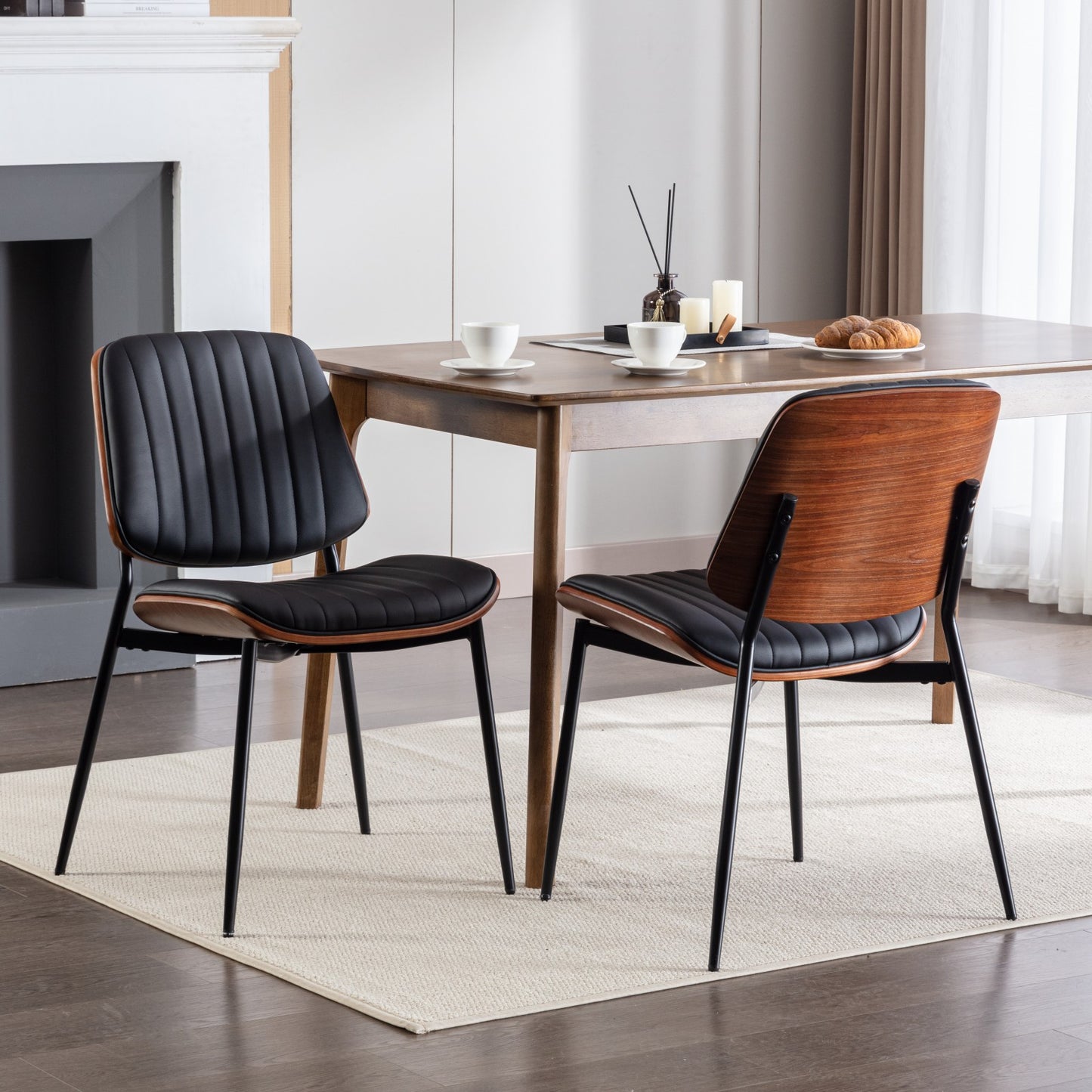 A&A Furniture, Dining Chairs Set of 2 Mid Century Modern Retro Faux Leather Chair with Walnut Bentwood Back Upholstered Seat Metal Legs Adjustable Foot for Kitchen Dining Room Chairs(Black PU) image 1