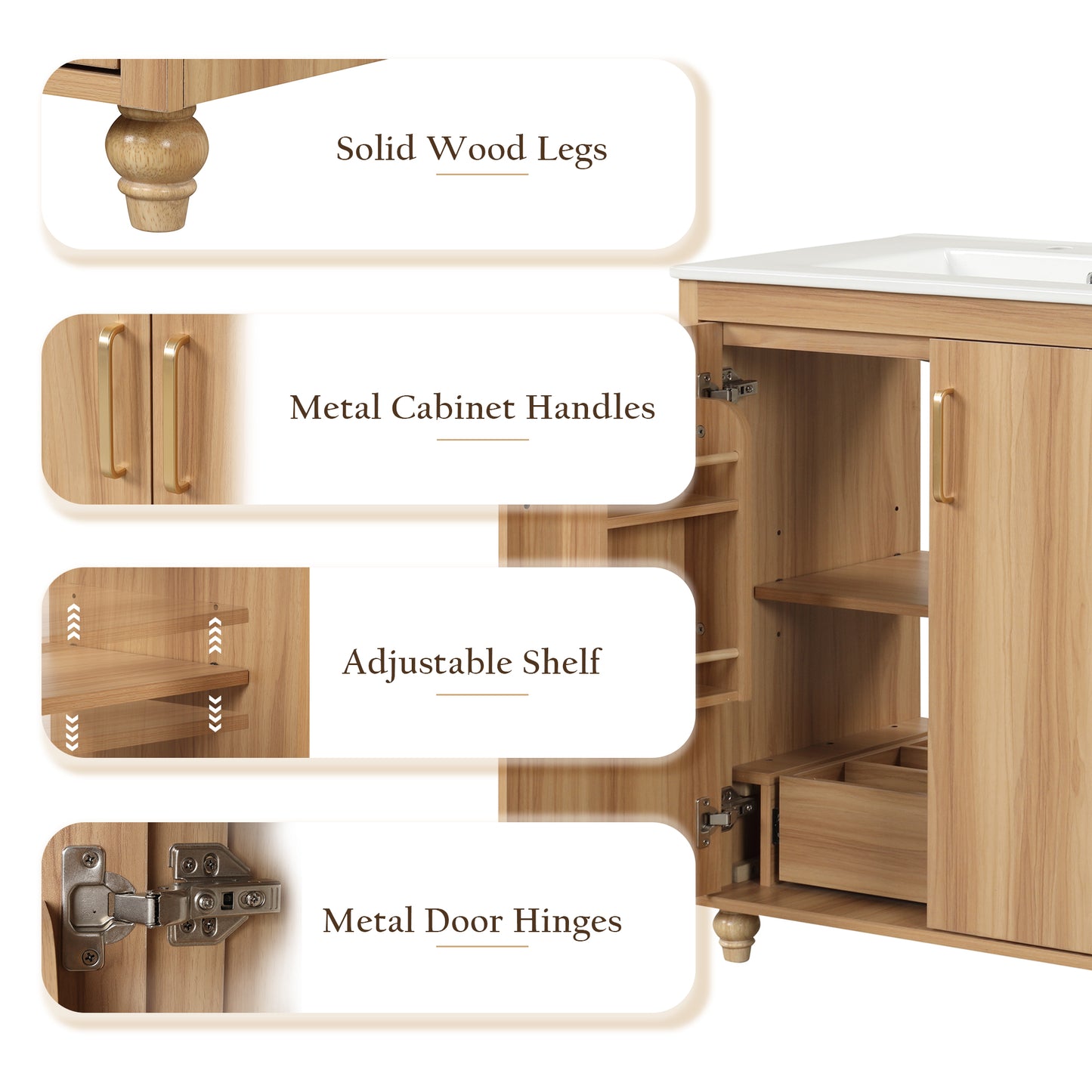 30" Bathroom Vanity with Sink Combo, Multi-functional Bathroom Cabinet with Doors and Drawer, MDF Board, Natural(Old SKU:WF319484AAG) image 8