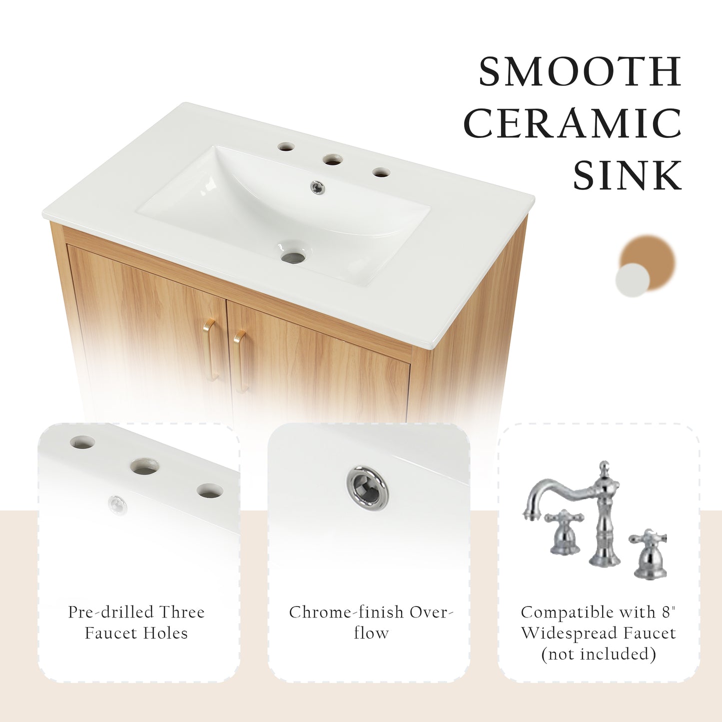 30" Bathroom Vanity with Sink Combo, Multi-functional Bathroom Cabinet with Doors and Drawer, MDF Board, Natural(Old SKU:WF319484AAG) image 9