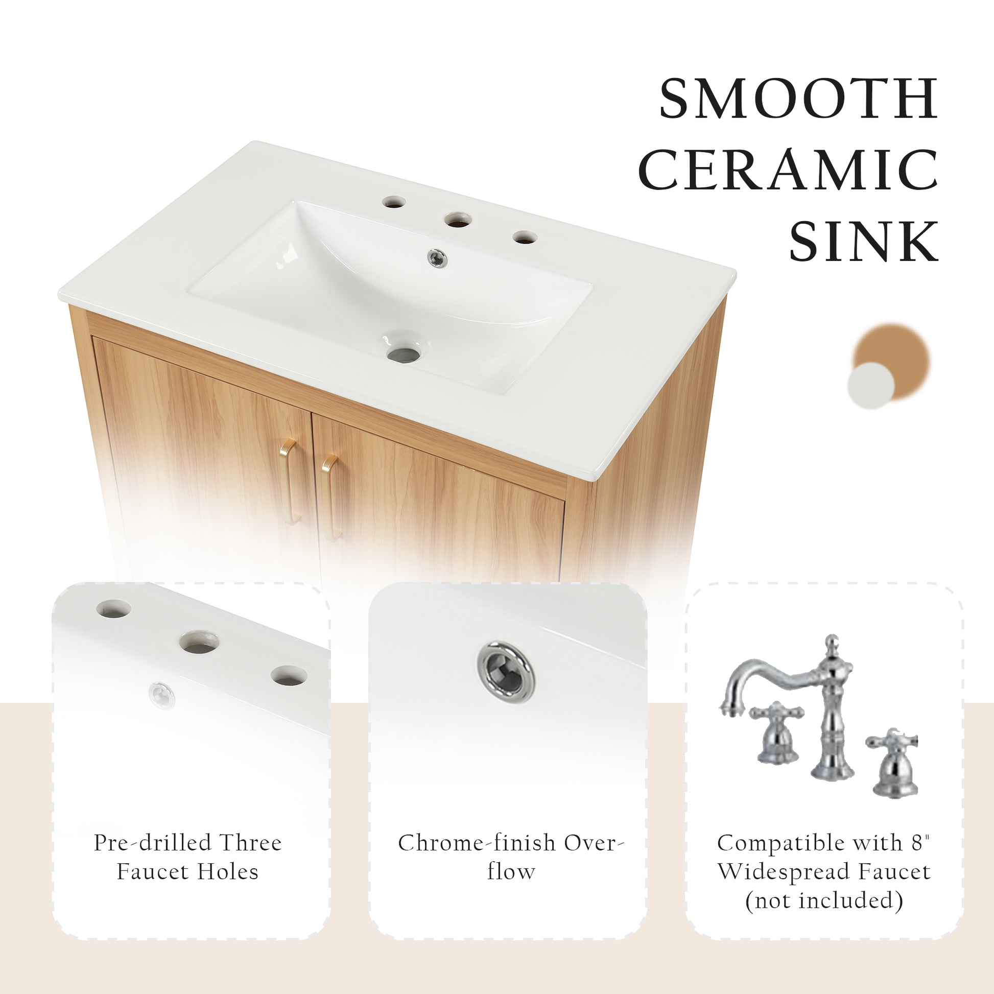 30" Bathroom Vanity with Sink Combo, Multi-functional Bathroom Cabinet with Doors and Drawer, MDF Board, Natural(Old SKU:WF319484AAG) image 9