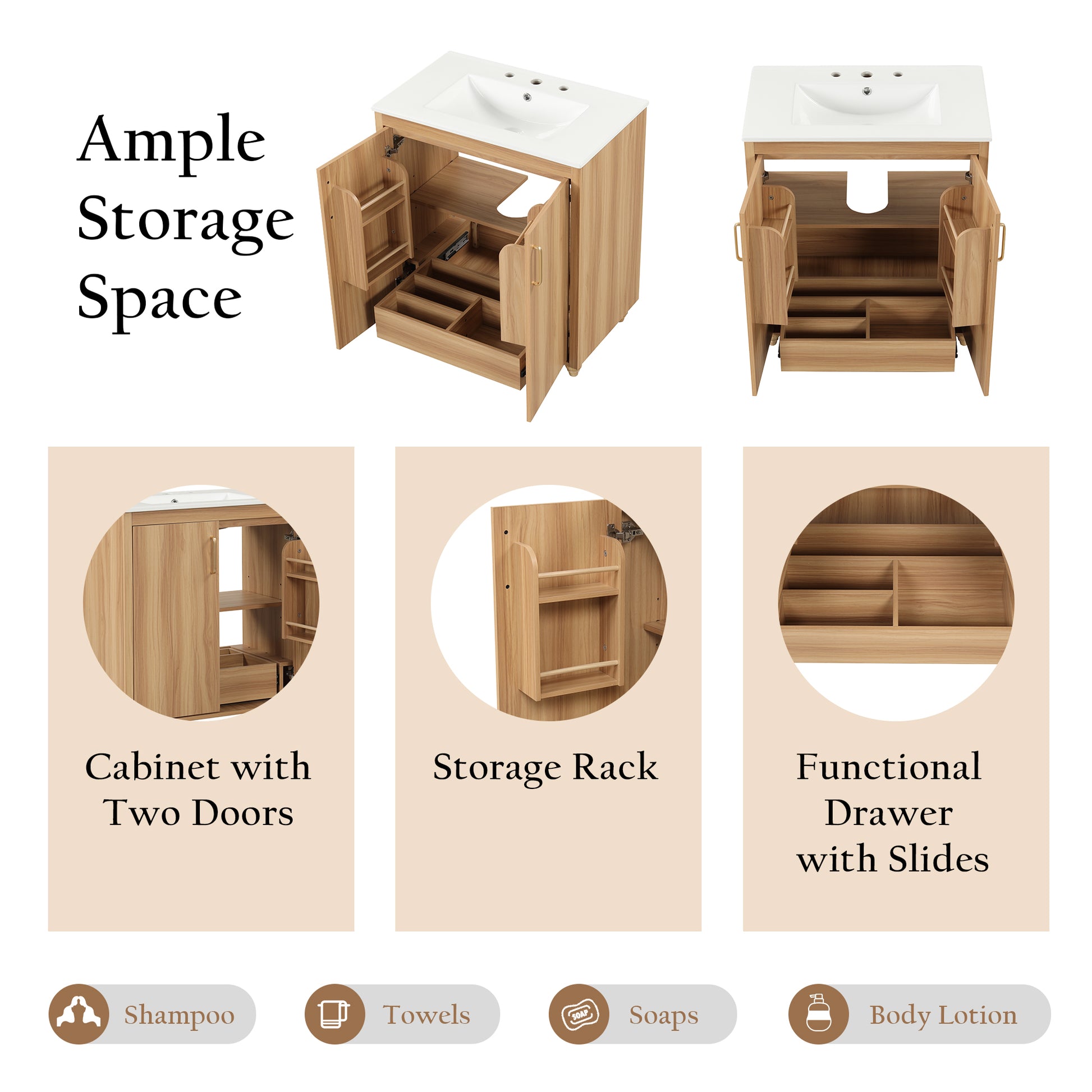 30" Bathroom Vanity with Sink Combo, Multi-functional Bathroom Cabinet with Doors and Drawer, MDF Board, Natural(Old SKU:WF319484AAG) image 10