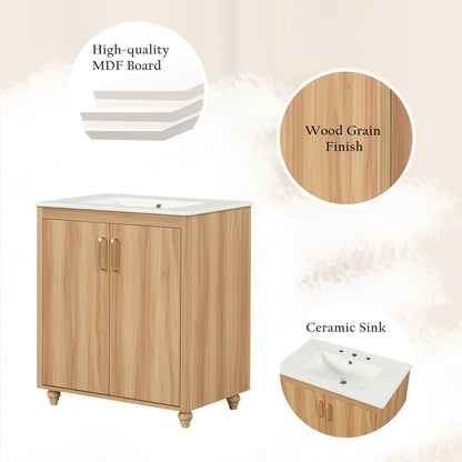 30" Bathroom Vanity with Sink Combo, Multi-functional Bathroom Cabinet with Doors and Drawer, MDF Board, Natural(Old SKU:WF319484AAG) image 11