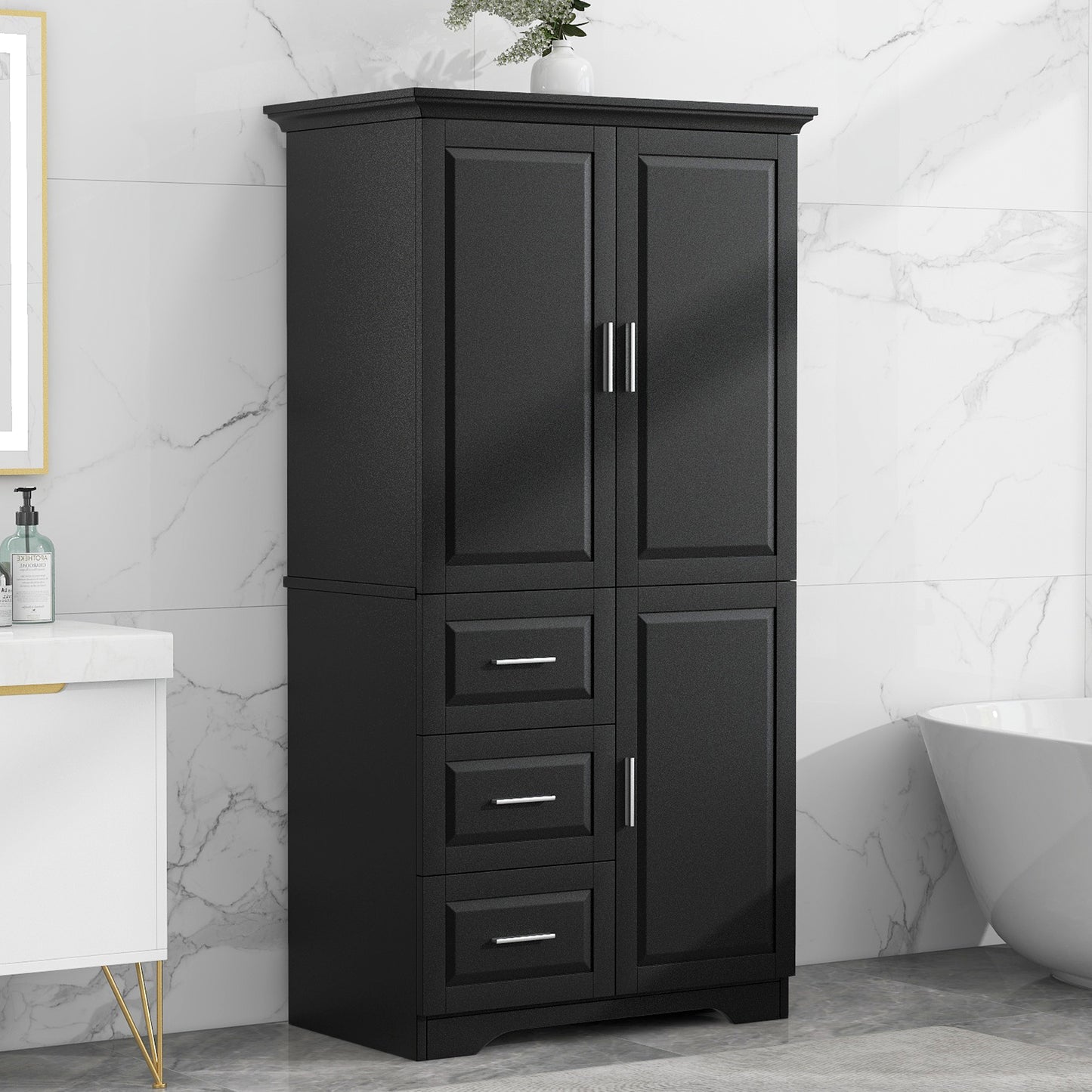 Tall and Wide Storage Cabinet with Doors for Bathroom/Office, Three Drawers, Black(Old SKU:WF299285AAB) image 2