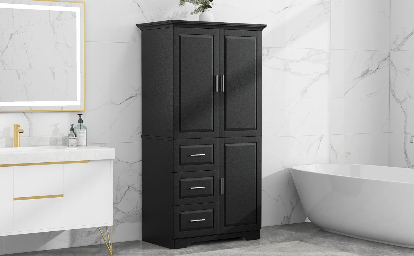 Tall and Wide Storage Cabinet with Doors for Bathroom/Office, Three Drawers, Black(Old SKU:WF299285AAB) image 6