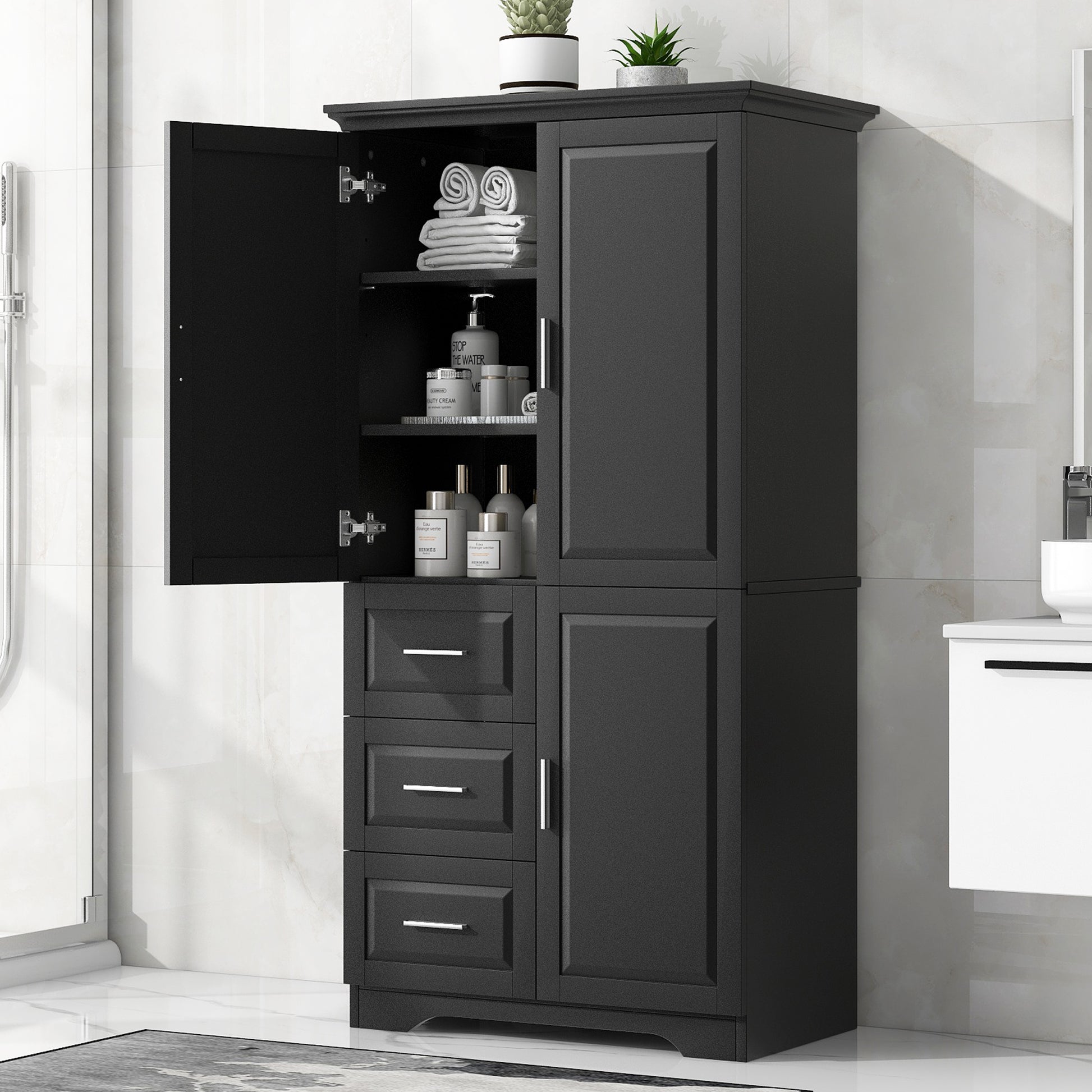 Tall and Wide Storage Cabinet with Doors for Bathroom/Office, Three Drawers, Black(Old SKU:WF299285AAB) image 3