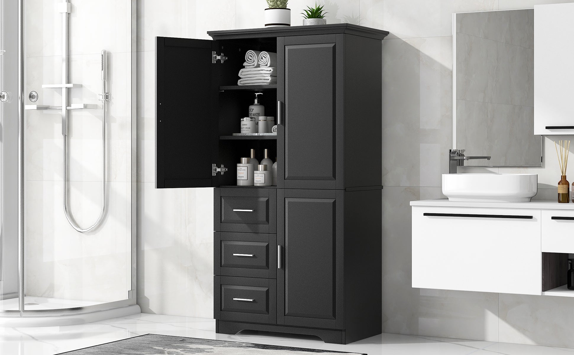 Tall and Wide Storage Cabinet with Doors for Bathroom/Office, Three Drawers, Black(Old SKU:WF299285AAB) image 5