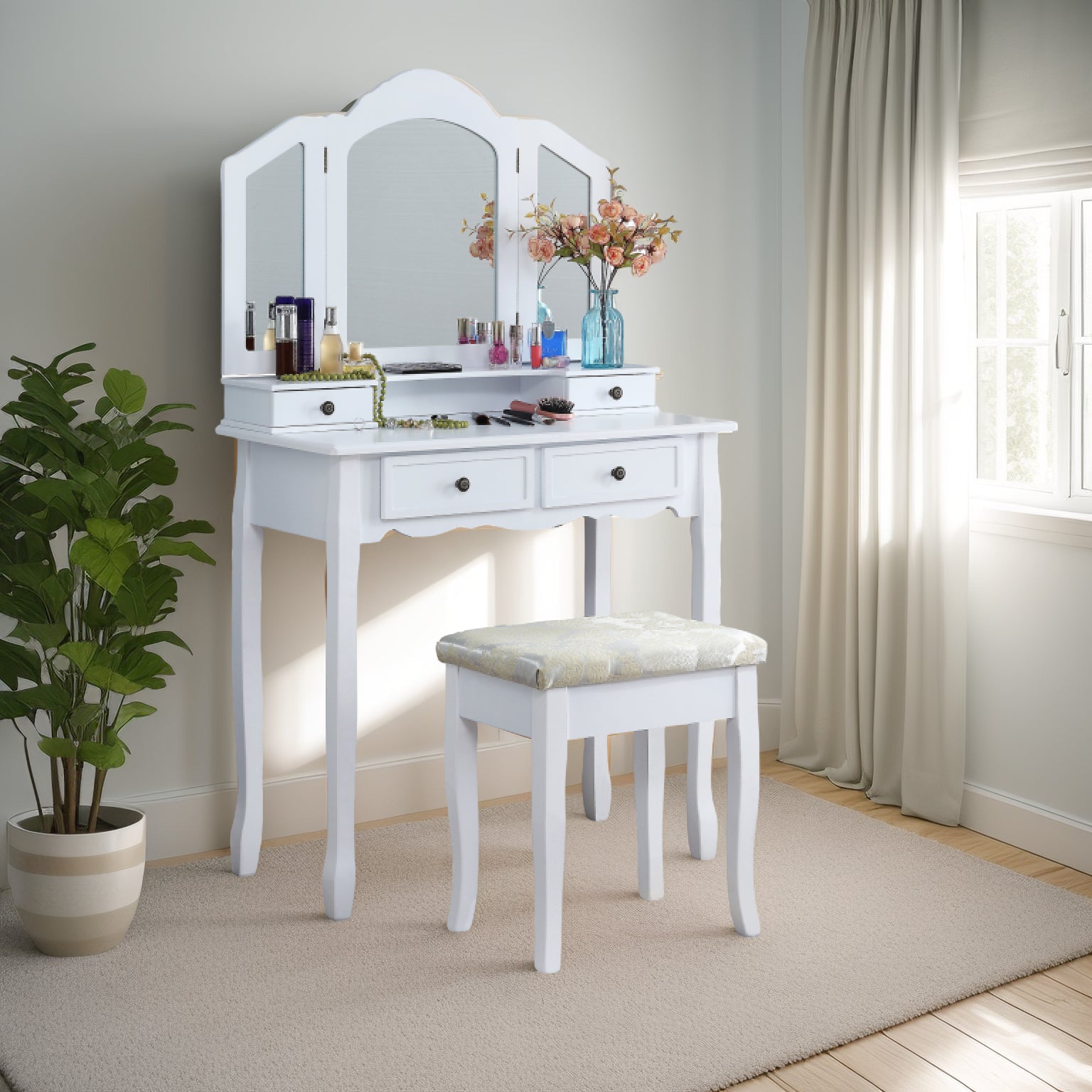 Sanlo Wooden Vanity Make Up Table and Stool Set, White image 3