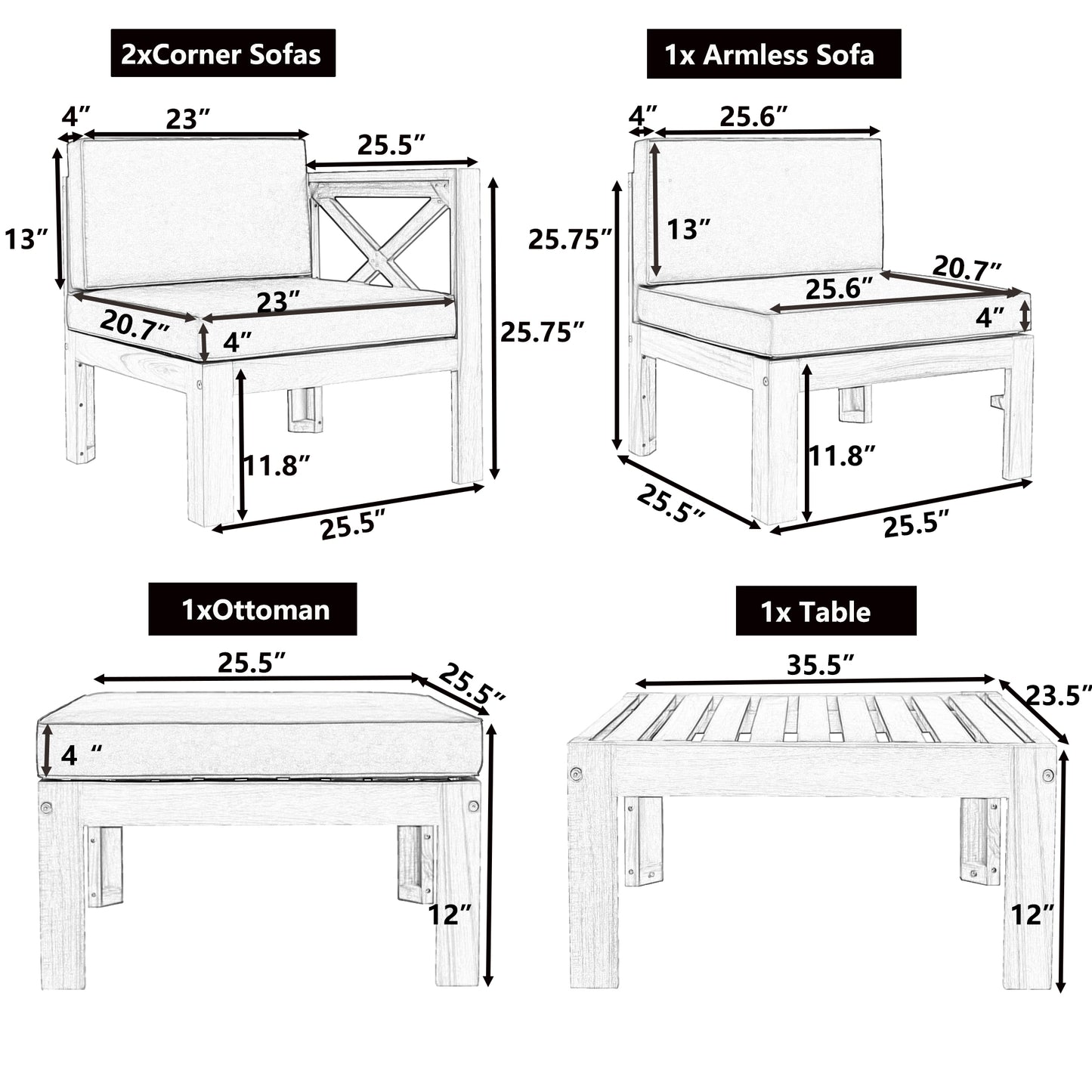 TOPMAX Outdoor Backyard Patio Wood 5-Piece Sectional Sofa Seating Group Set with Cushions, Natural Finish+ Blue Cushions image 10