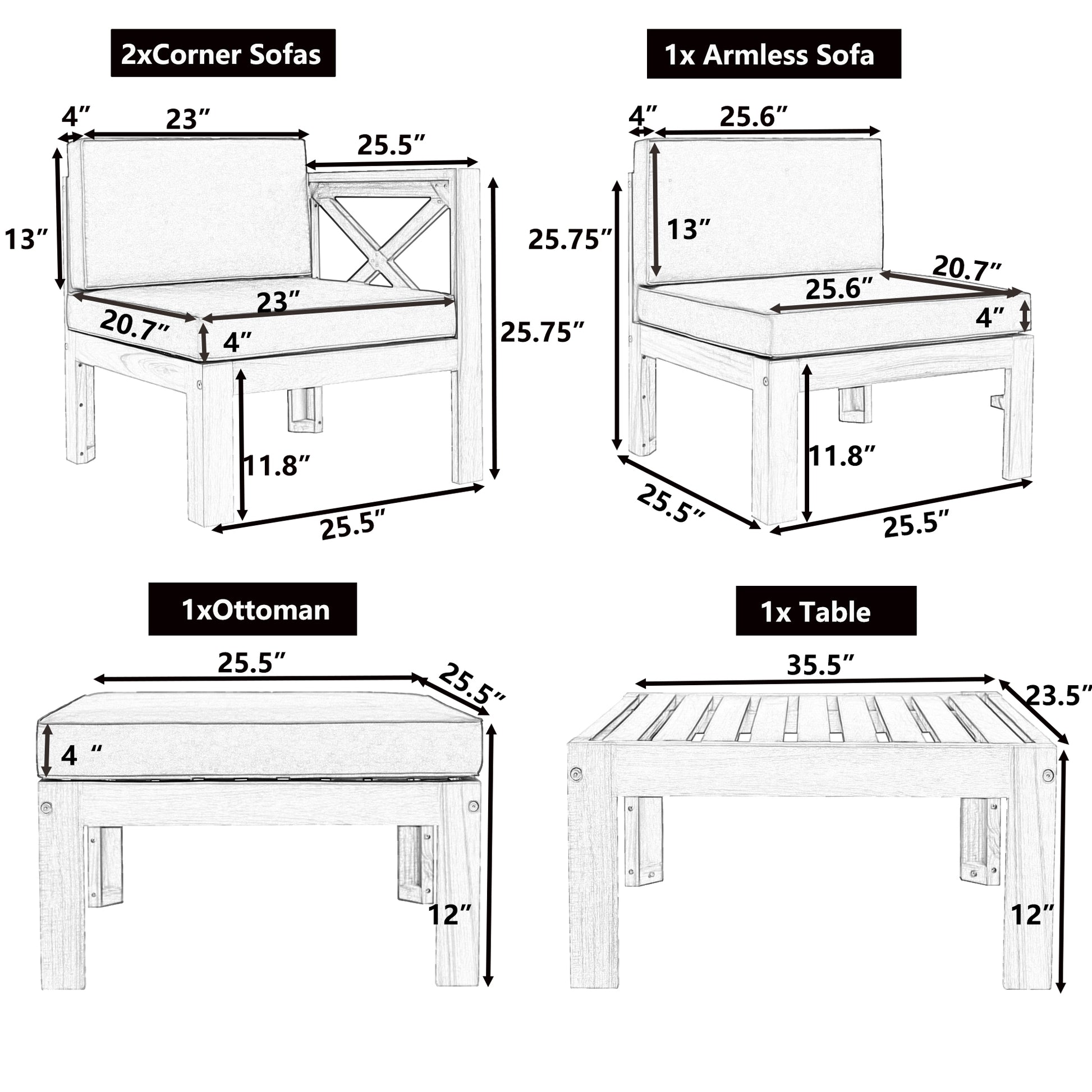 TOPMAX Outdoor Backyard Patio Wood 5-Piece Sectional Sofa Seating Group Set with Cushions, Natural Finish+ Blue Cushions image 10