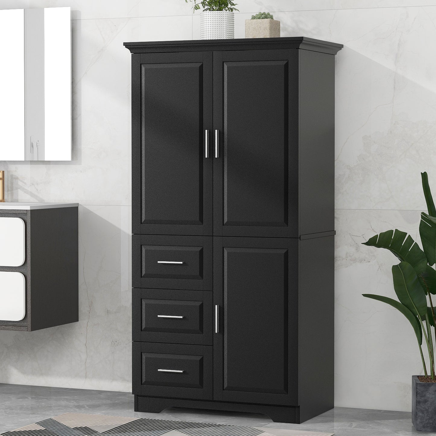 Tall and Wide Storage Cabinet with Doors for Bathroom/Office, Three Drawers, Black(Old SKU:WF299285AAB) image 1